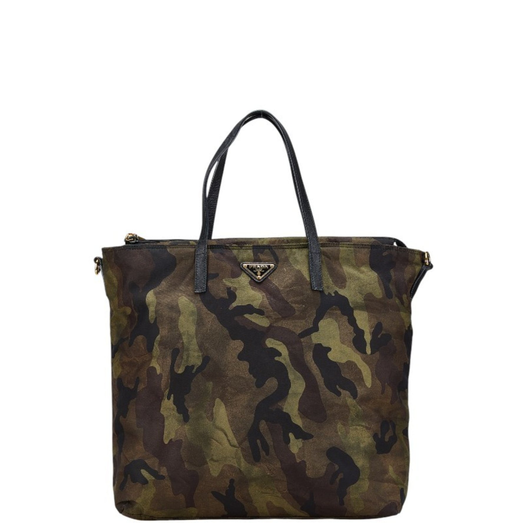 Prada Triangle Plate Camo Tote Bag Khaki Black Nylon Leather