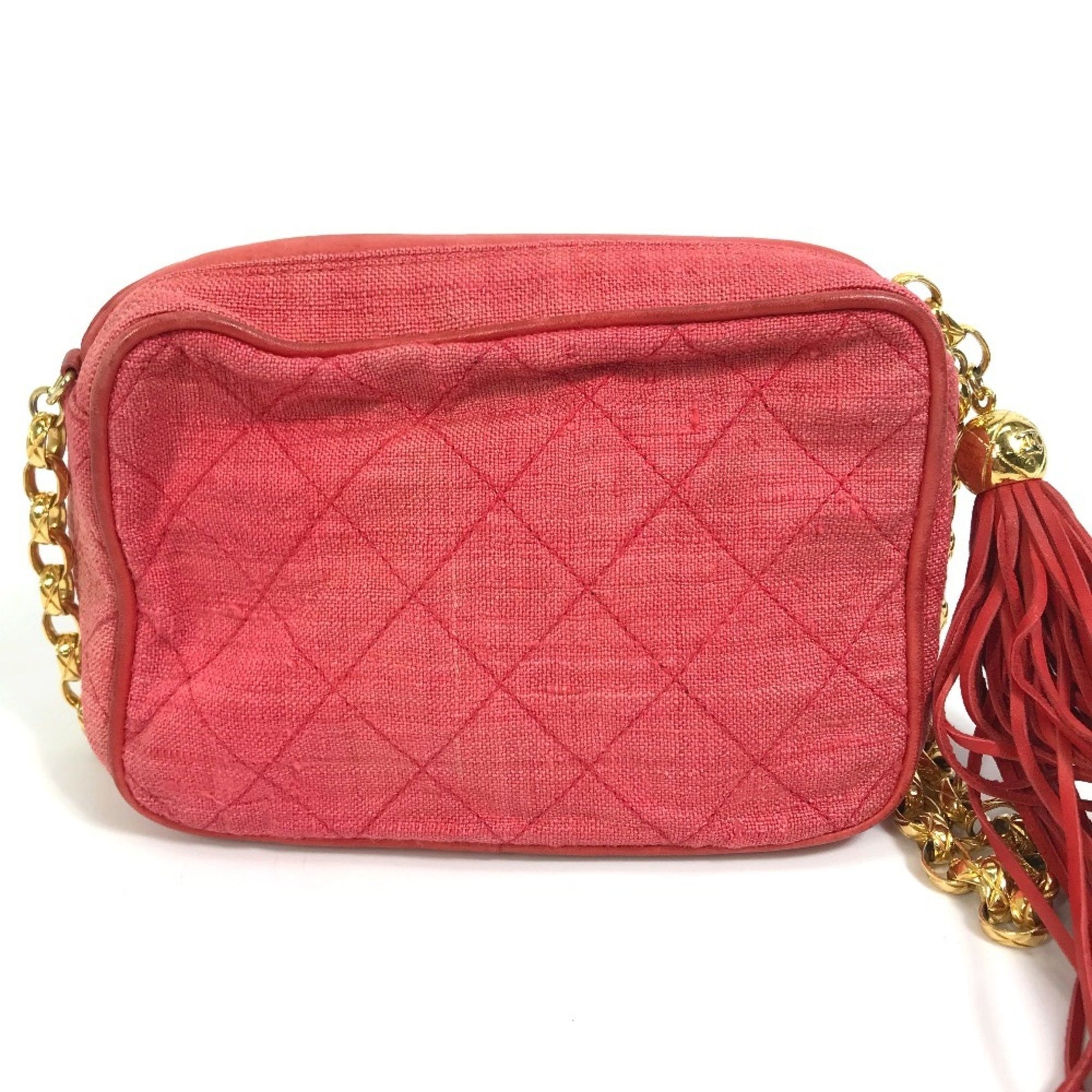CHANEL CC Coco Mark Matelasse Quilted Fringe Tassel Canvas Shoulder Bag Red and Gold Hardware