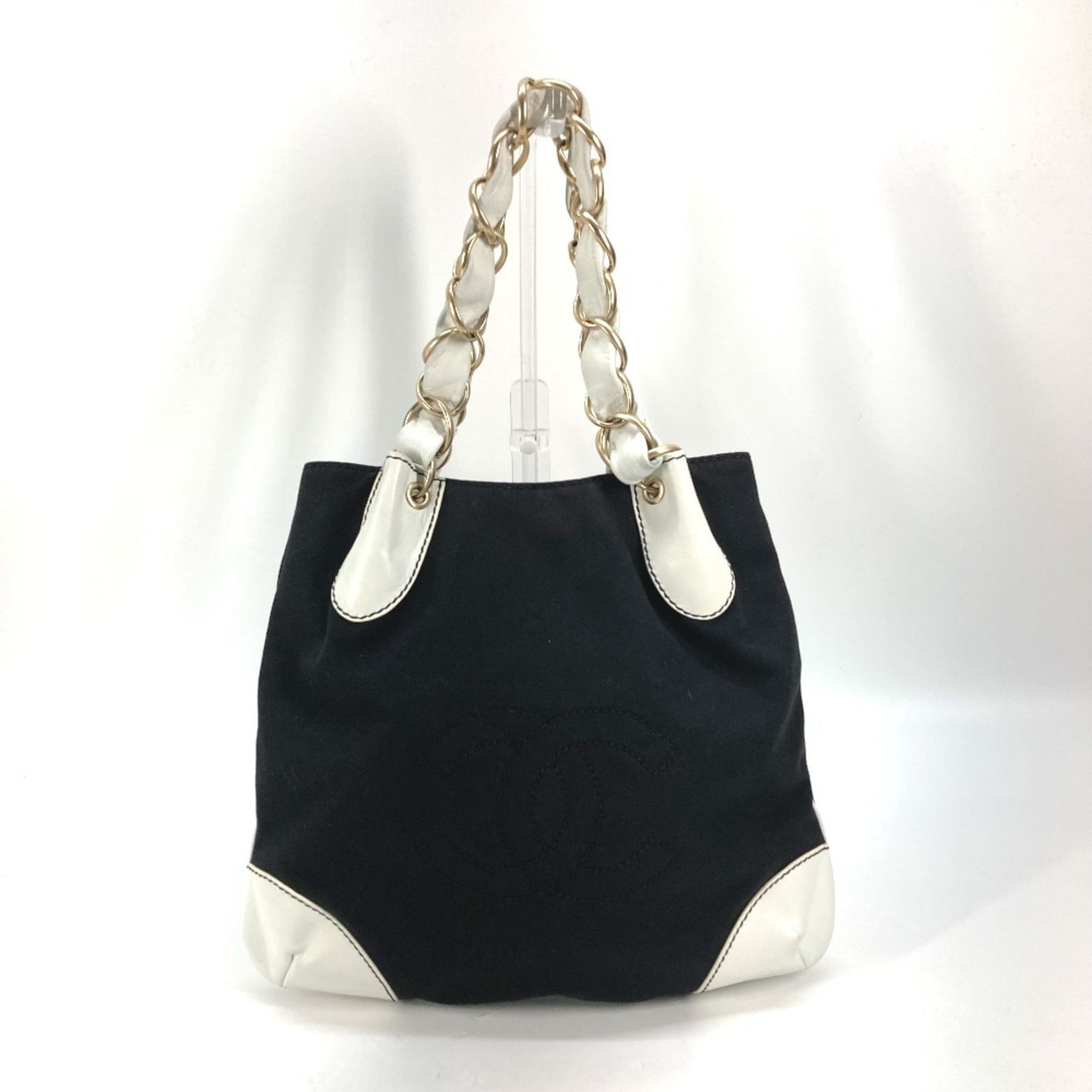 CHANEL Bicolor Deca Coco Chain Tote Bag Shoulder Canvas Leather Black