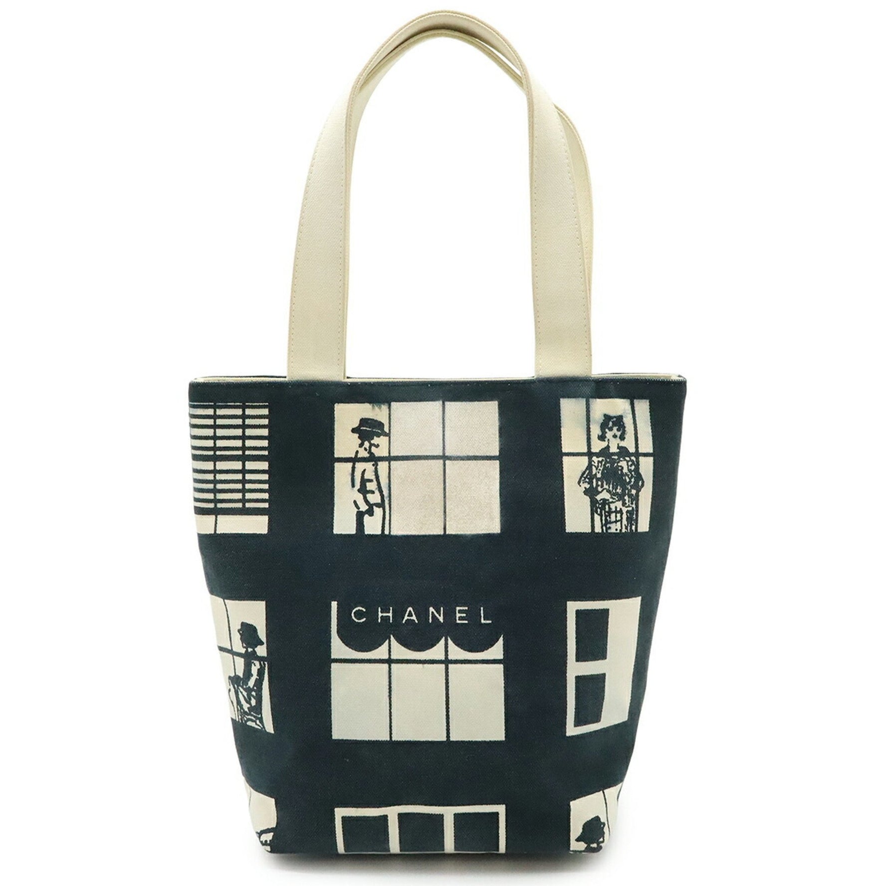 CHANEL Windows Line Coco Mark Tote Bag, Handbag, Shoulder Canvas, Black, Ivory, White