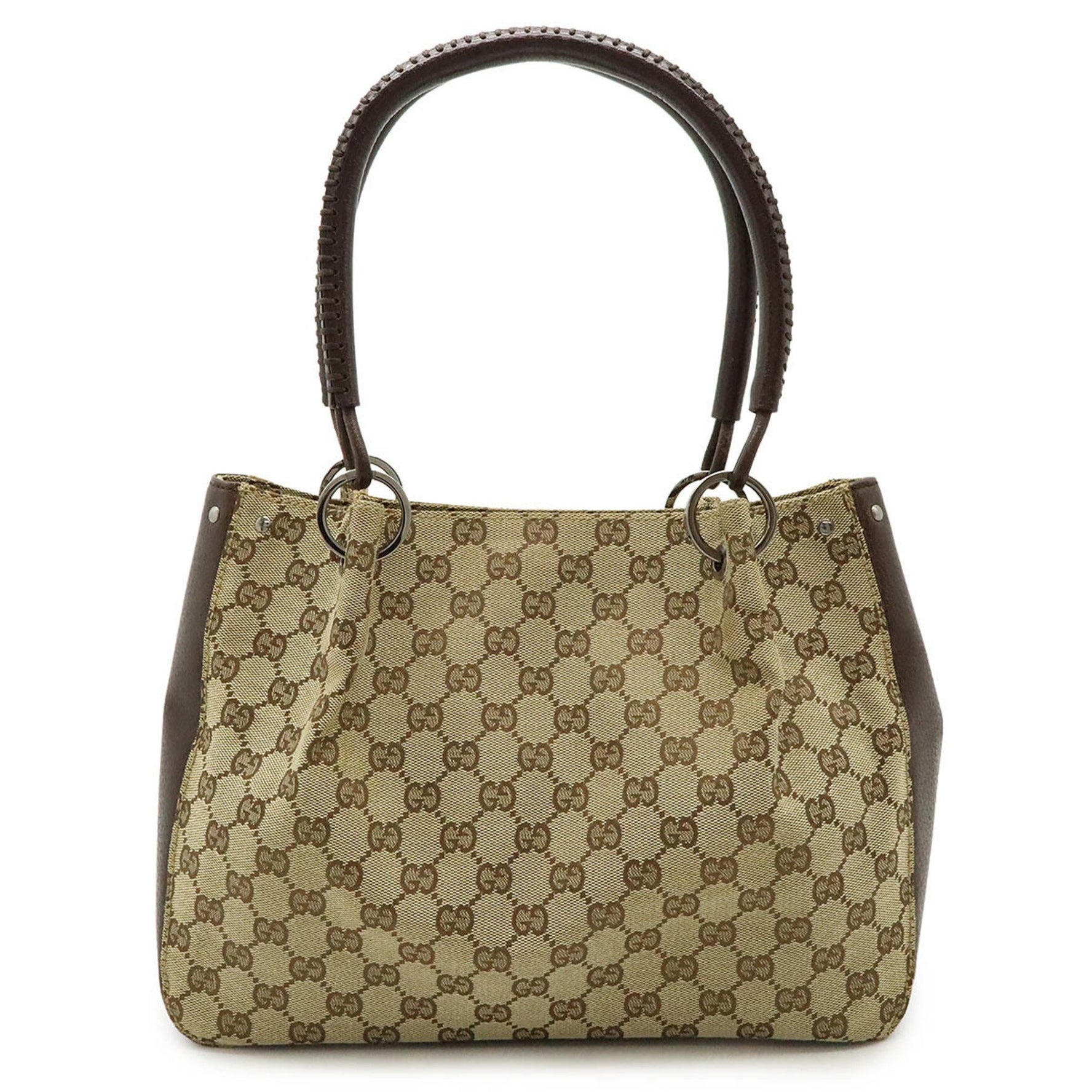 GUCCI GG Canvas Tote Bag Handbag Khaki Beige Dark Brown