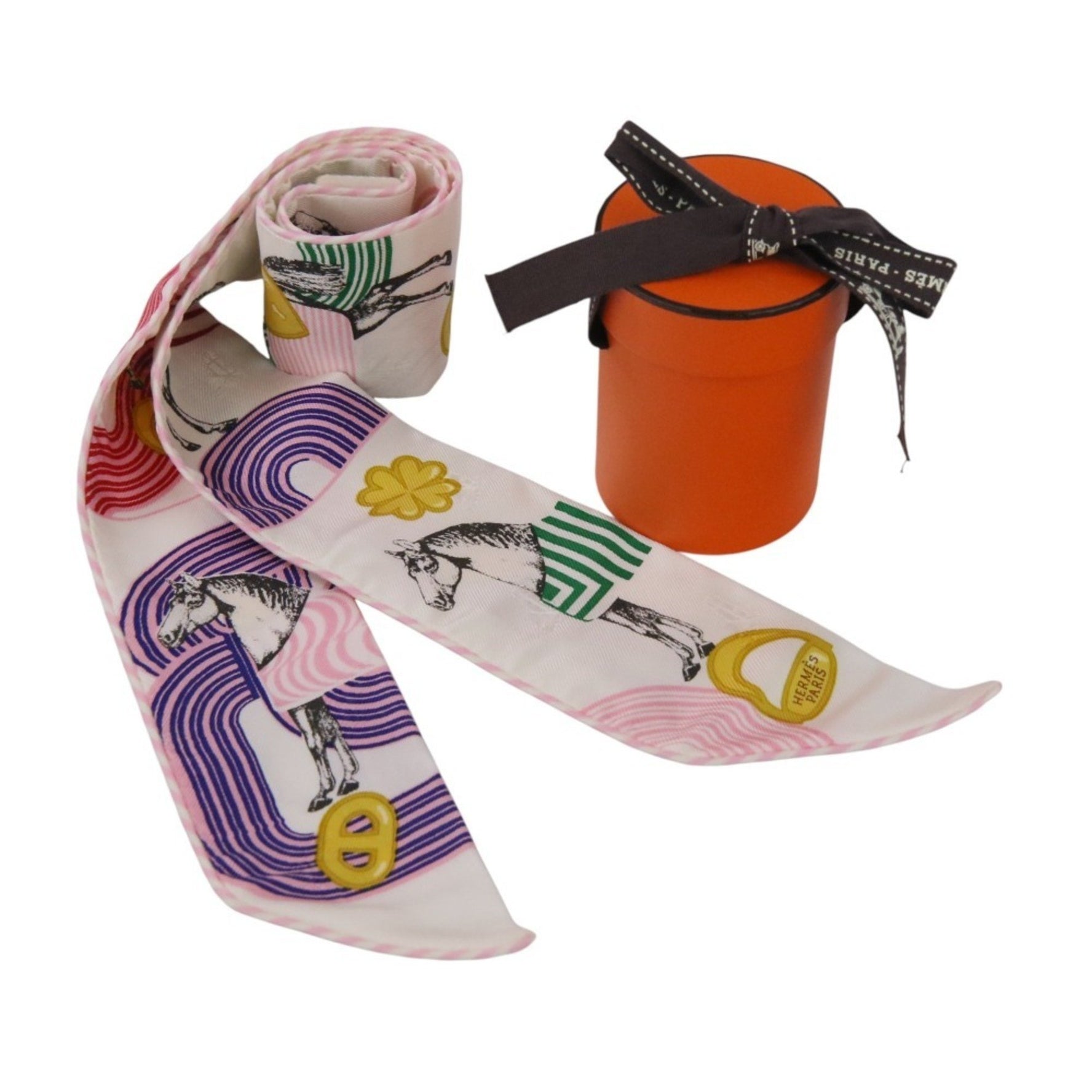 HERMES Twilly Garde Robe Pop Silk Scarf/Muffler in White and Pink