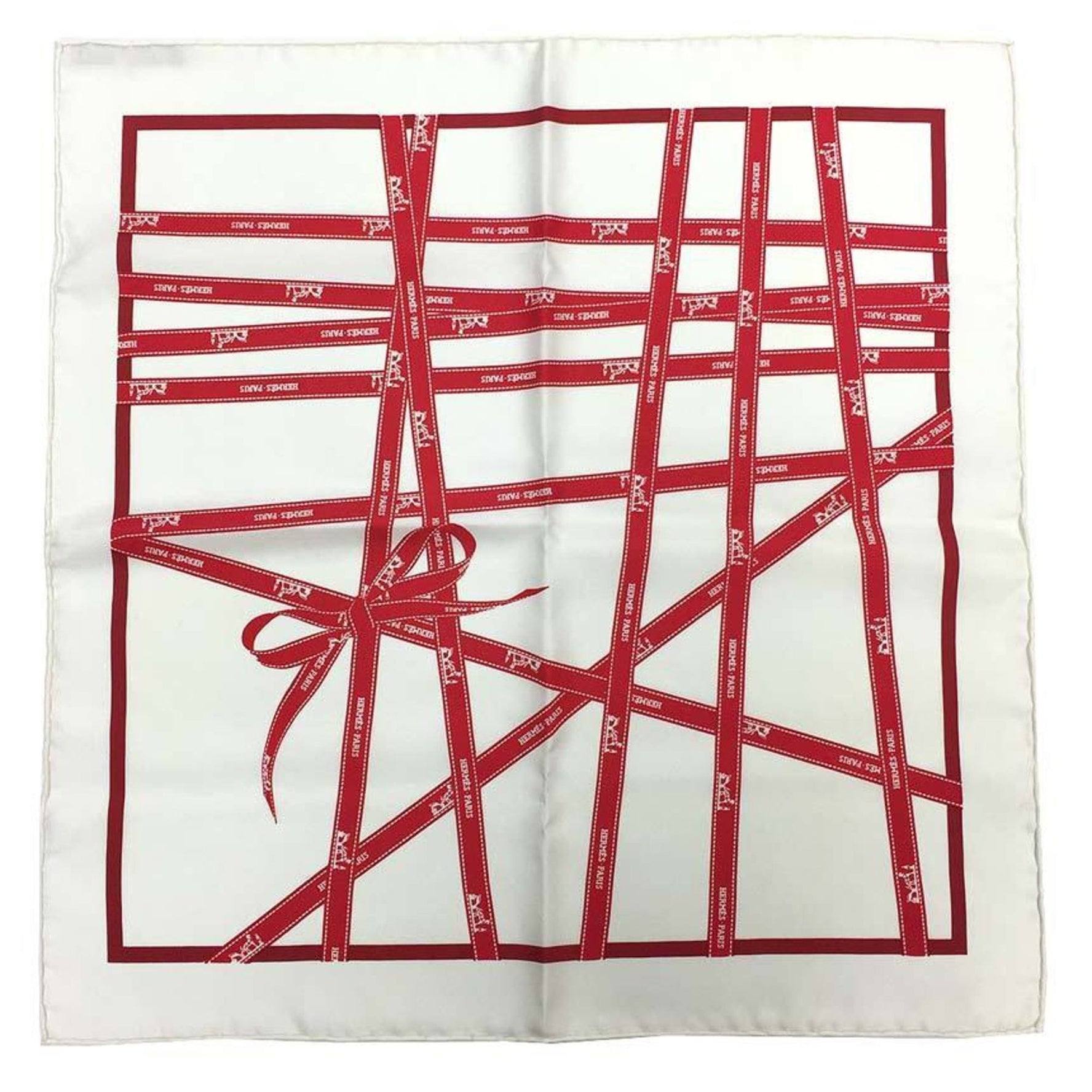 HERMES Carre 45 Scarf Muffler Bolduc au Borduc Ribbon Pattern Ivory x Red 100% Silk