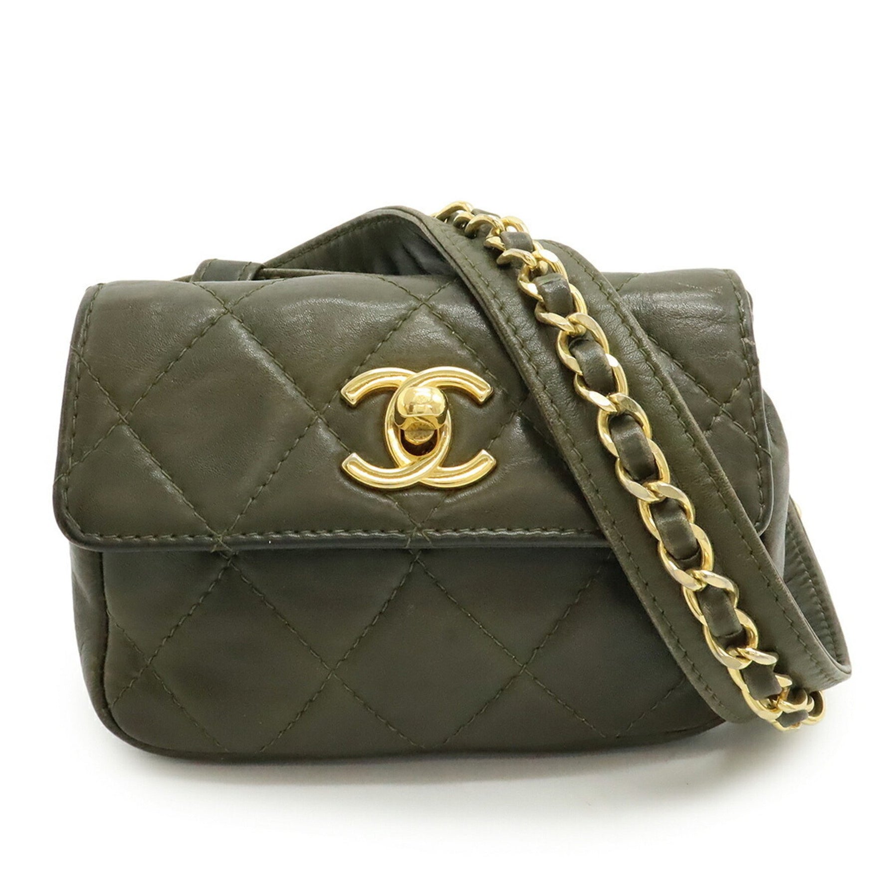 CHANEL Matelasse Coco Mark Belt Bag, Body Waist Pouch, Leather, Green