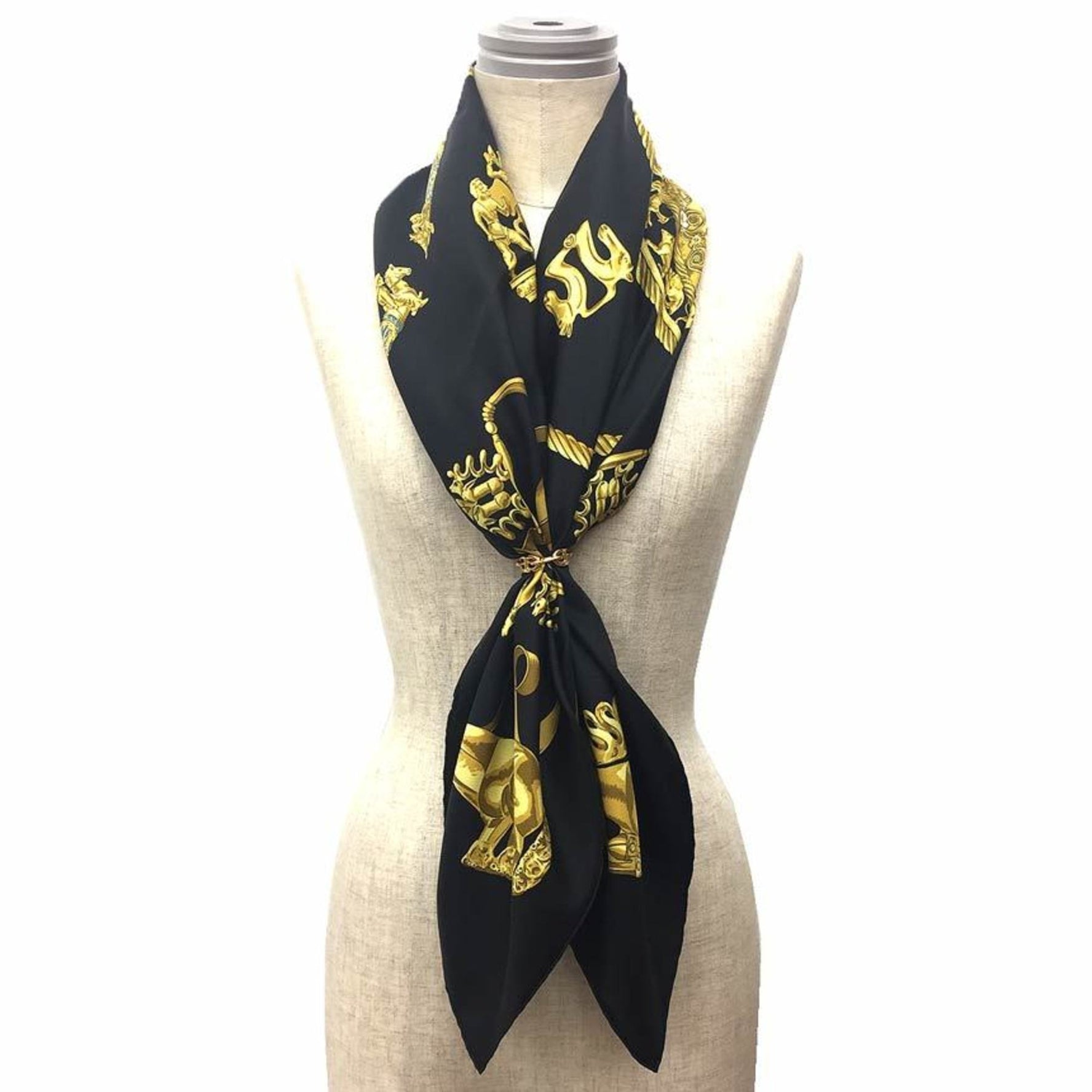 HERMES Carré 90 Scarf/Muffler, "Les Cavaliers D'Or" Golden Knights, 100% Silk.