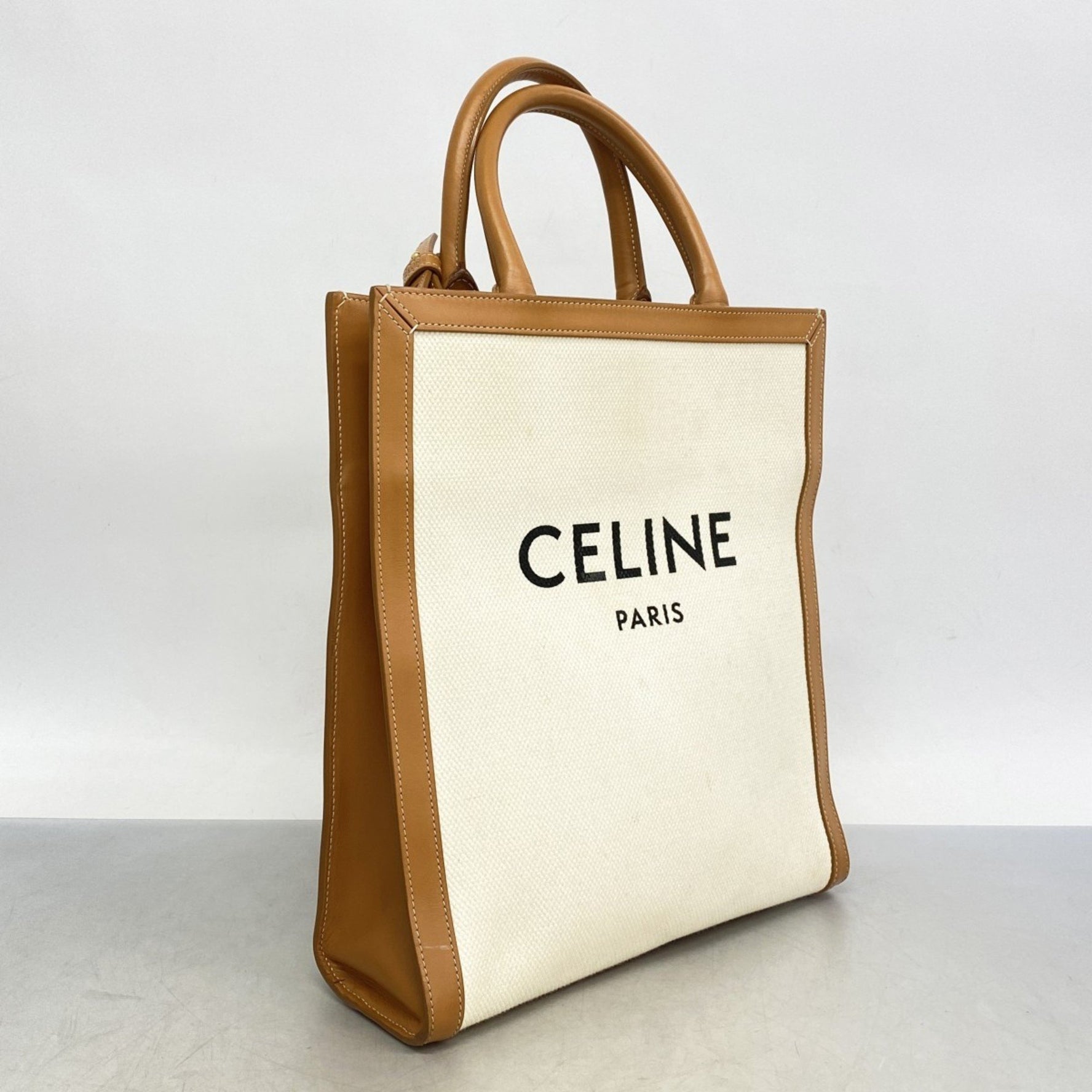 Celine Tote Bag Canvas Leather Light Brown White