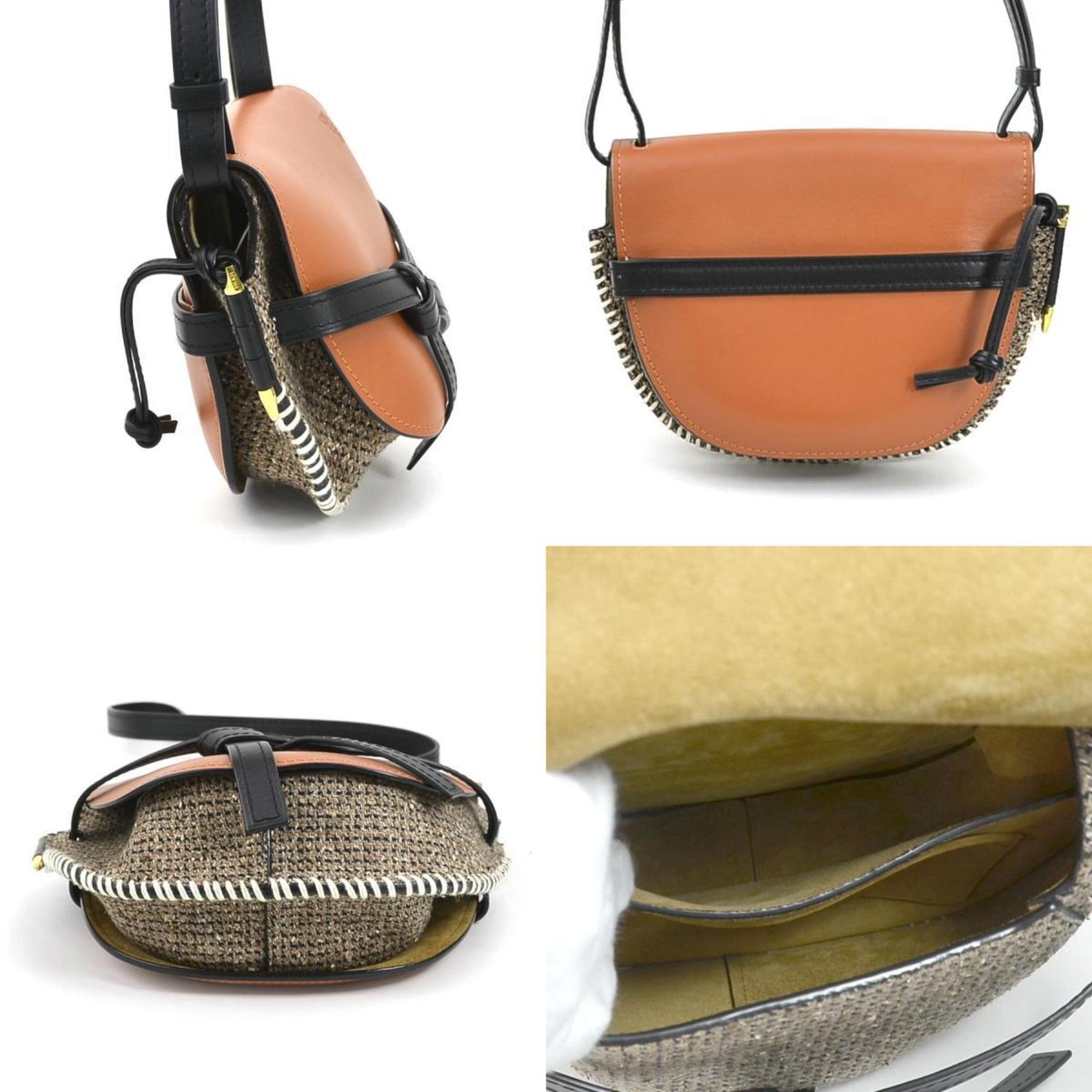 LOEWE Shoulder Bag Gate Small Leather Tweed Brown x Black