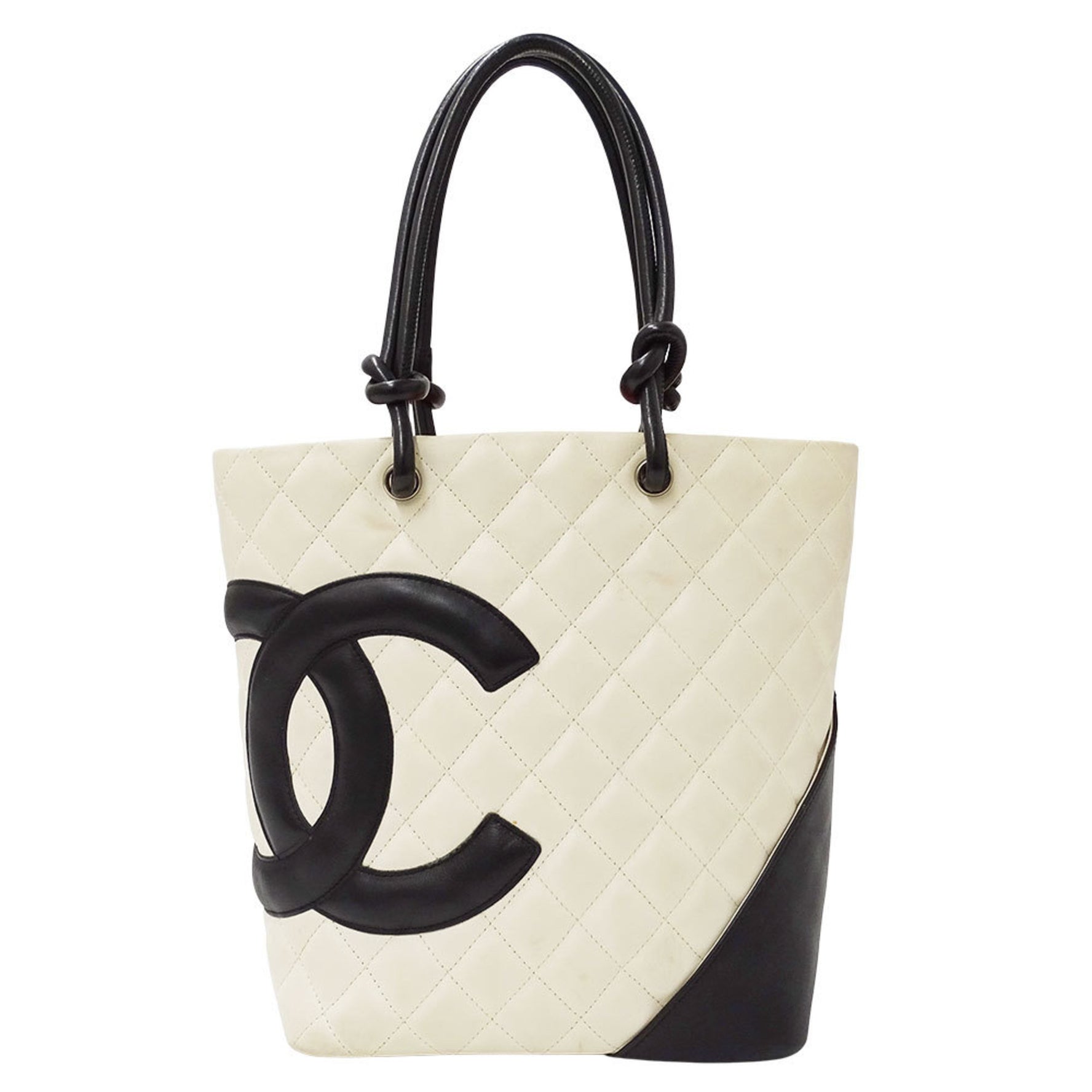 CHANEL Cambon Tote PM Leather Bag in White and Black with Silver Hardware Quilted Logo