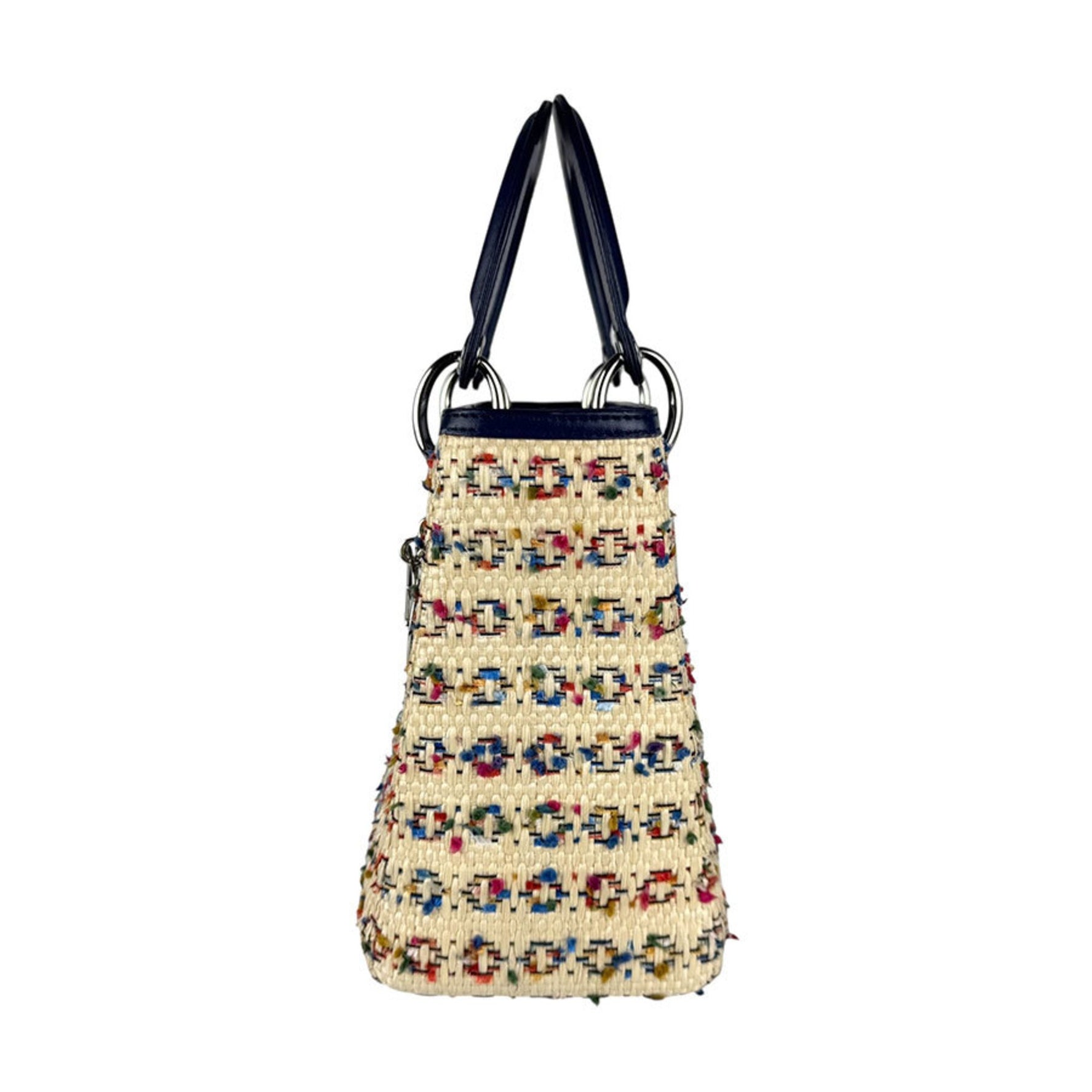 Christian Dior Lady handbag/shoulder bag in raffia and leather, beige, multicolor, navy, silver