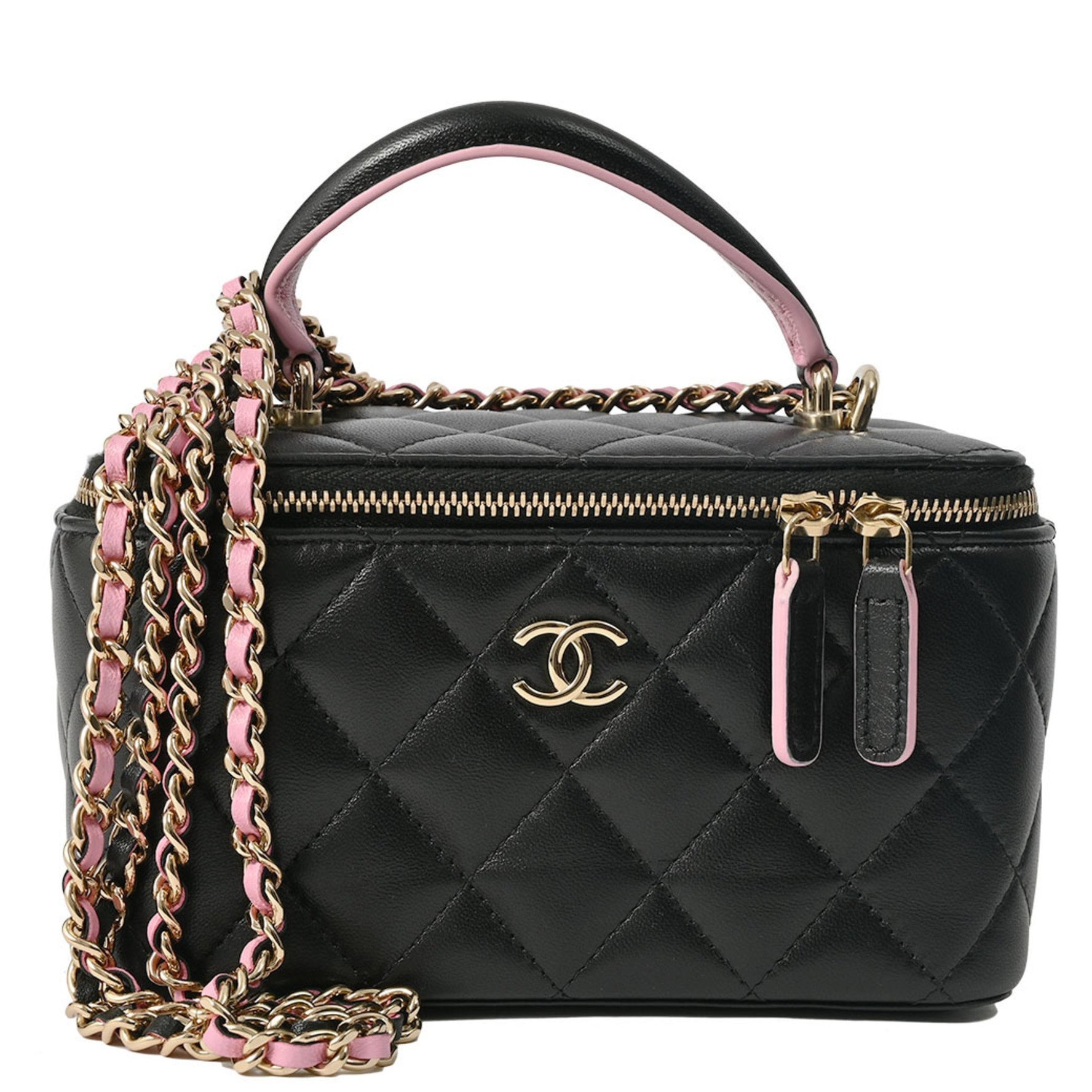 Chanel Vanity Chain Shoulder Bag Black|Pink Leather Bicolor Matelasse