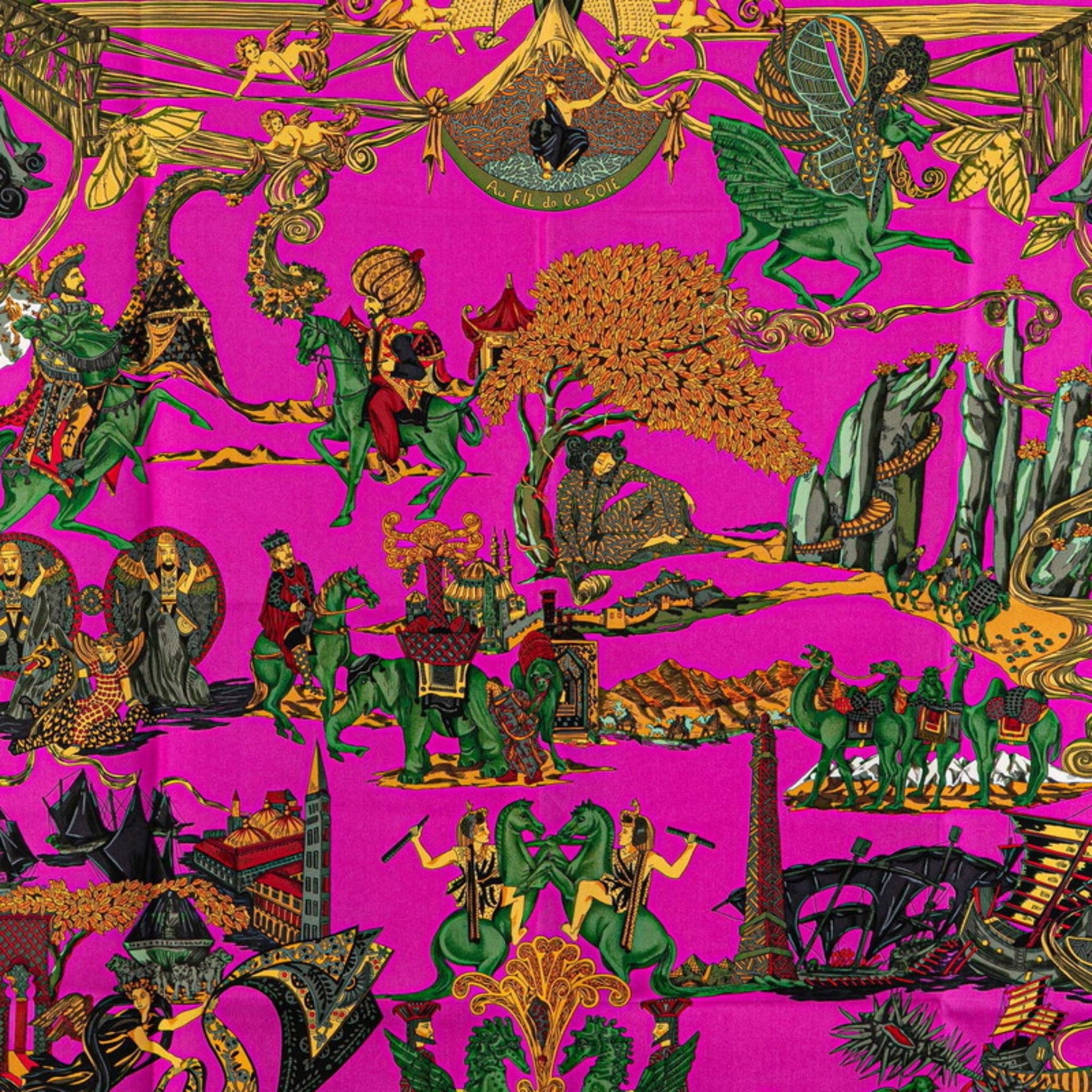 Hermès Carré 90 "Au FIL de la SOIE" Scarf, Pink, Brown, Multicolor, Silk, HERMES
