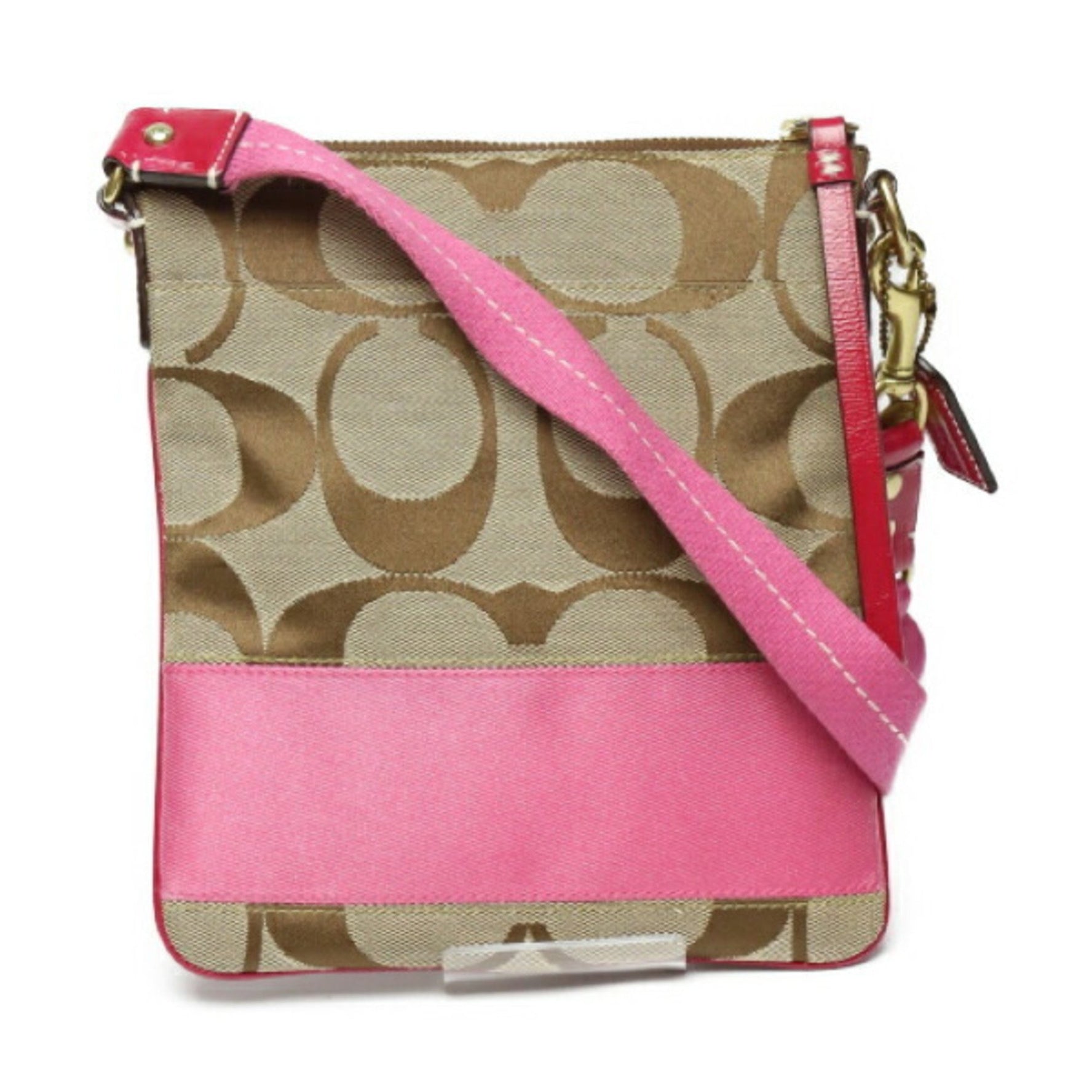 COACH Signature Crossbody Bag with Outside Pocket Khaki x Pink Shoulder