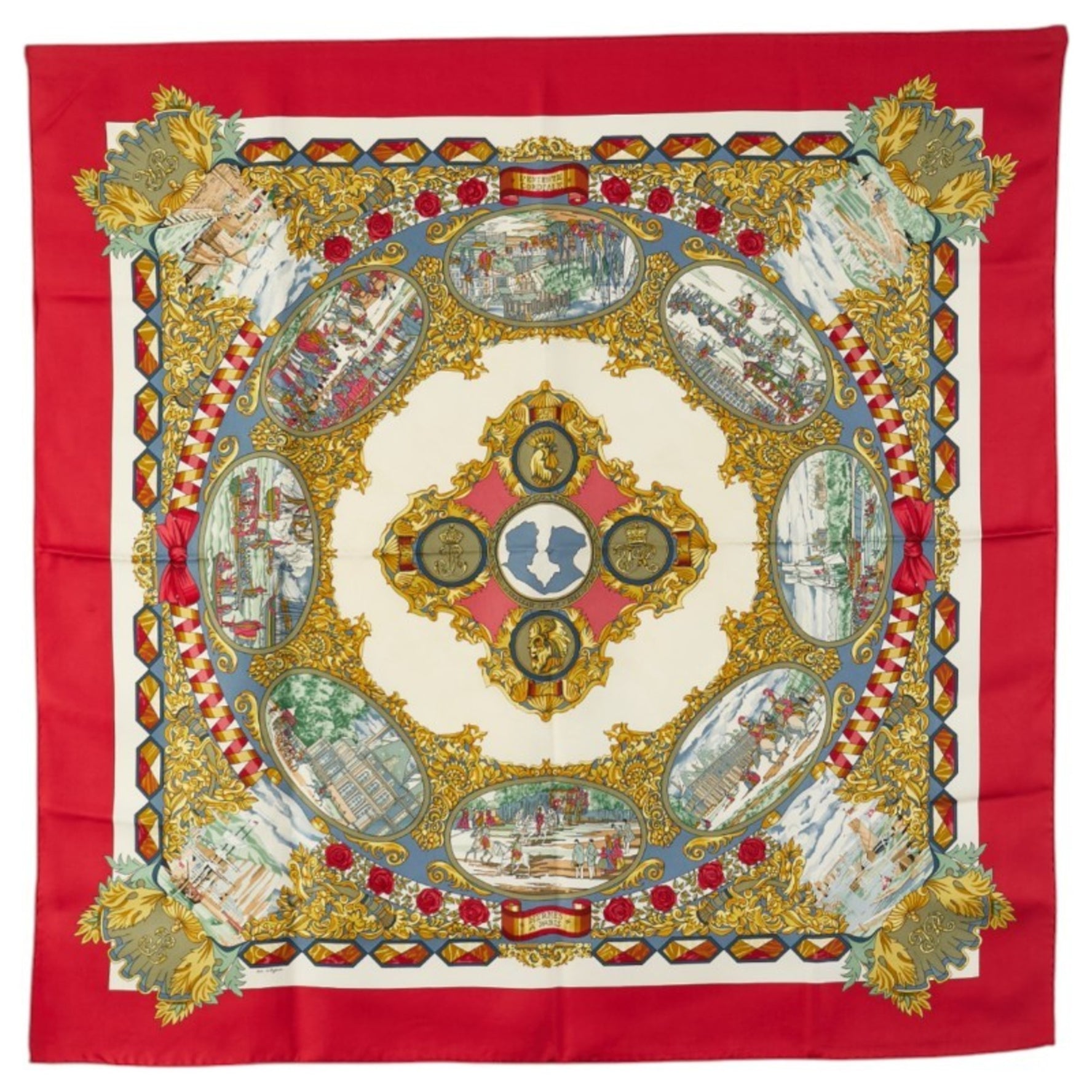 Hermes Hermès Carré 90 "LENTENTE CORDIALE" Scarf, Red, Beige, Multicolor, Silk