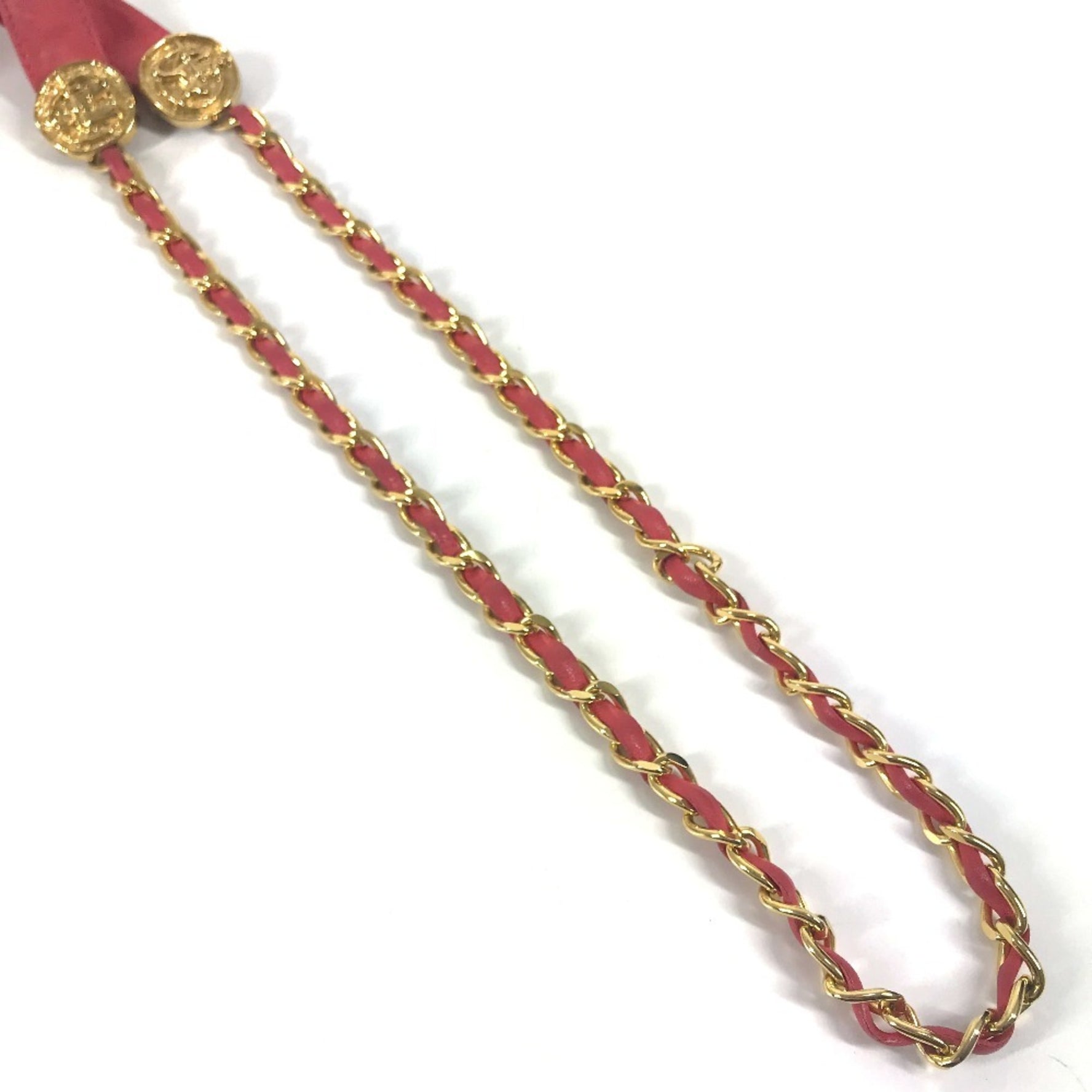 CHANEL Vintage Coin Chain Belt Fashion Accessory Ribbon Leather Pink