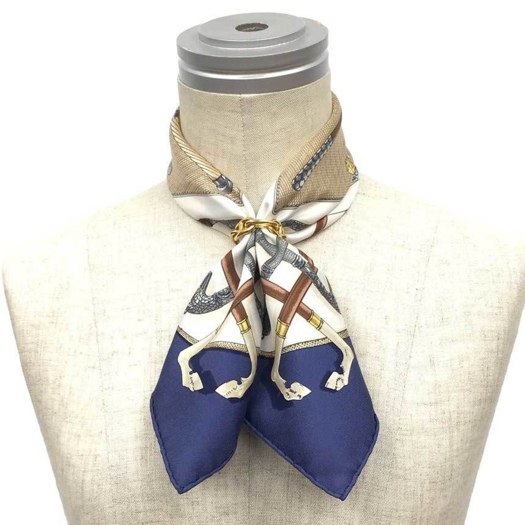 HERMES Carre 45 Scarf Muffler CANNES & POMMEAUX Walking Stick Ivory x Blue 100% Silk
