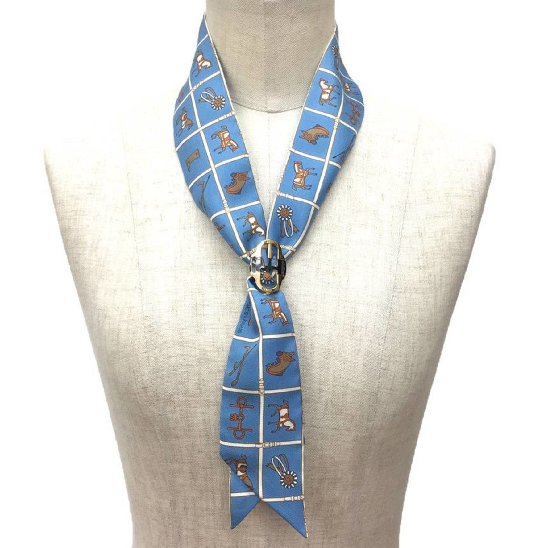 HERMES Twilly Scarf Muffler Couvertures et Tenues de Jour Horse blanket MOYEN / BLANC ROUILLE 100% silk Silk scarf