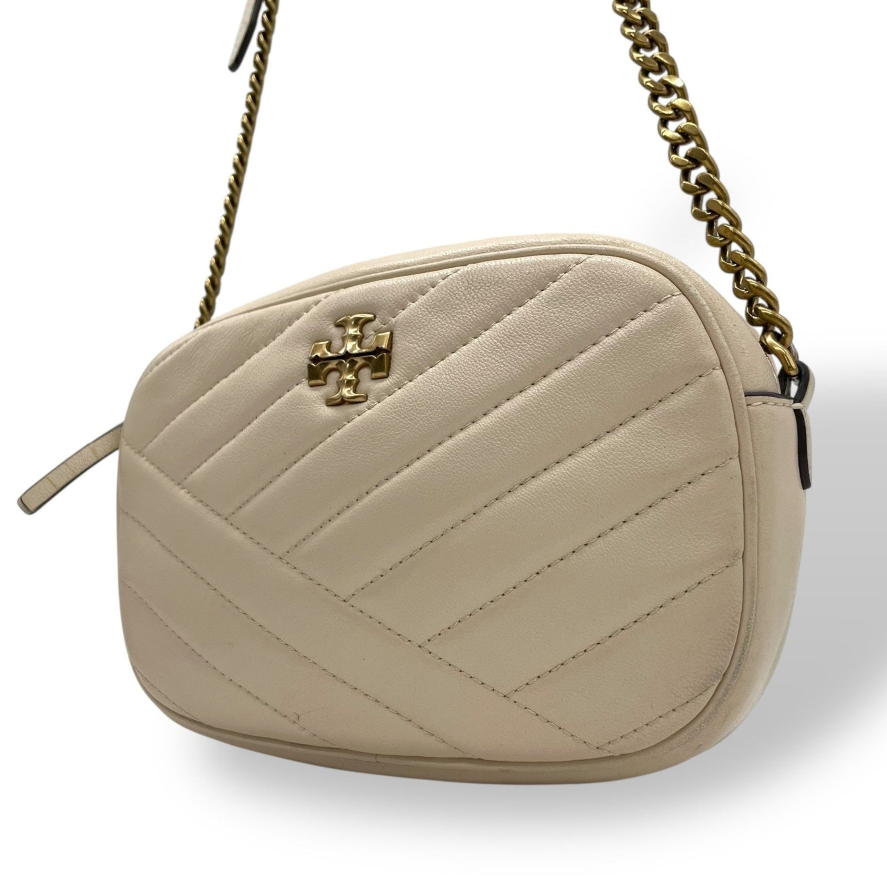 TORY BURCH Kira Camera Bag Shoulder Ivory Beige Leather Gold Hardware Quilted Logo Chain Women's K9