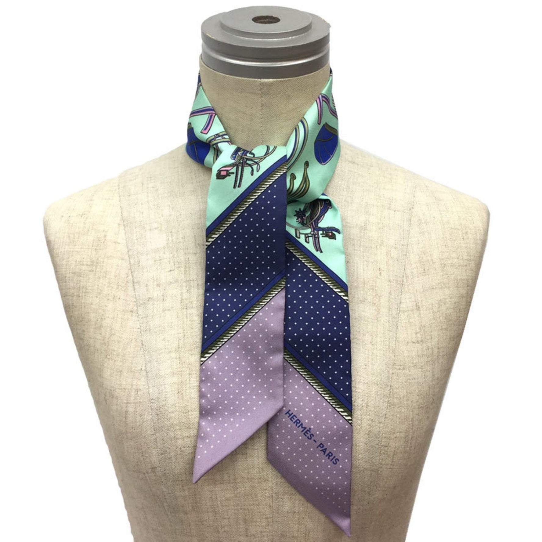 HERMES Twilly Les Voitures a transformation Folding carriage Scarf Purple x Green Muffler 100% Silk