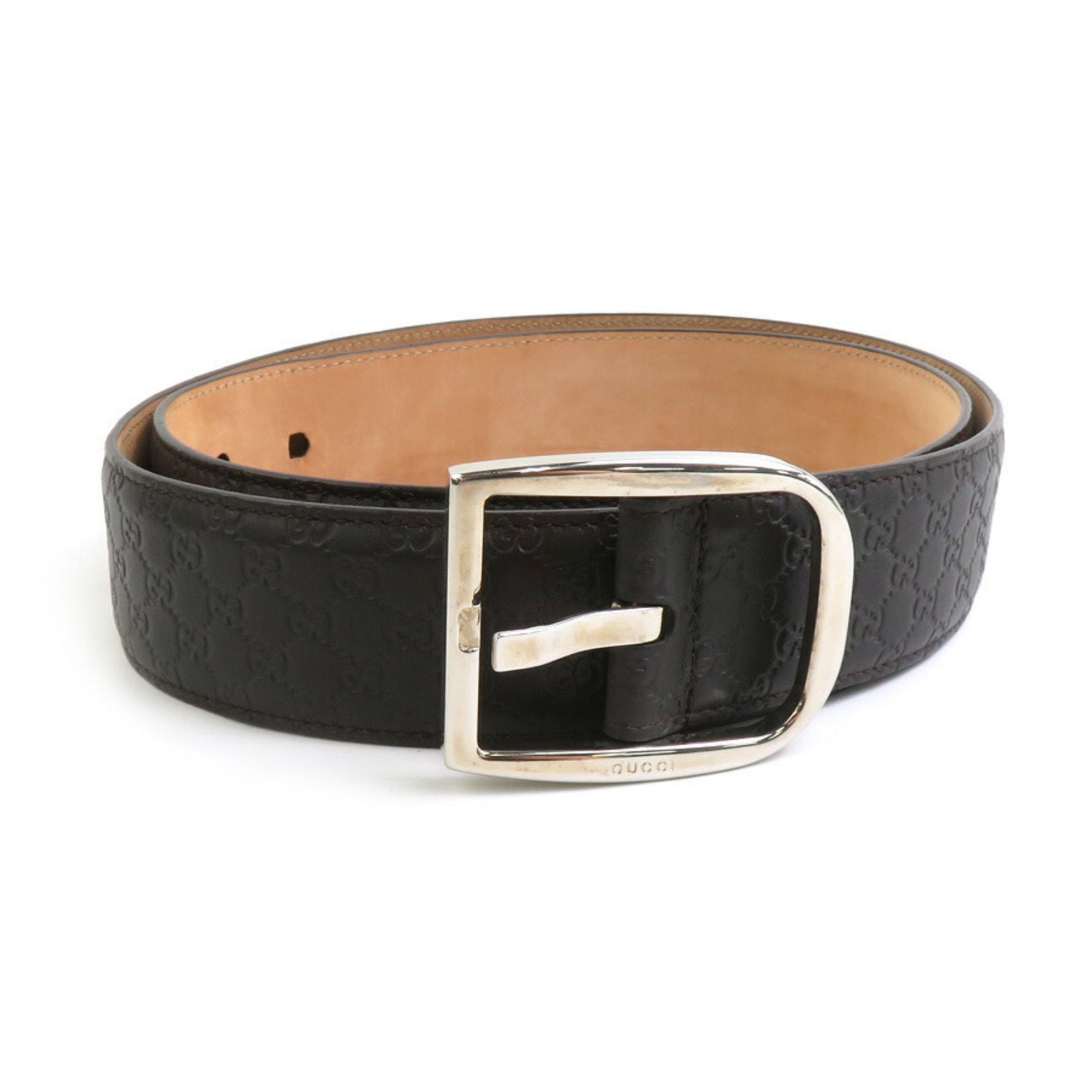 GUCCI Belt Micro Guccissima Leather Metal Dark Brown Silver