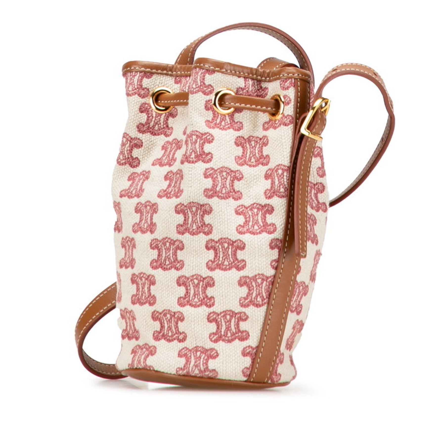 Celine Triomphe Shoulder Bag in Beige, Red, and Brown Canvas Leather .
