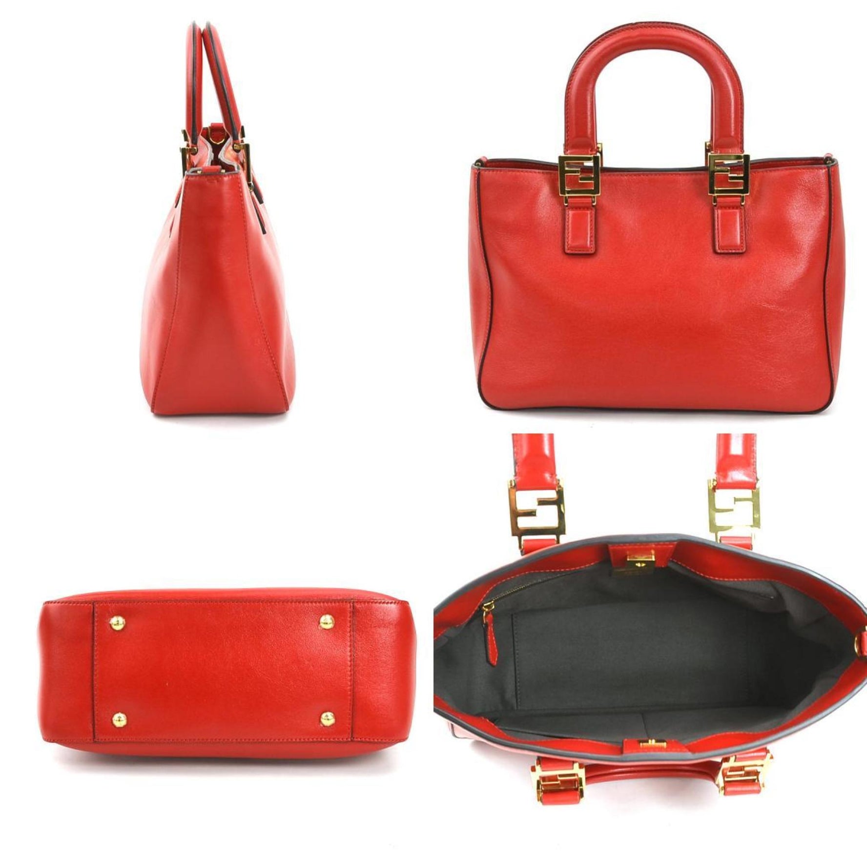 FENDI Handbag Shoulder Bag FF Tote Small Leather Red