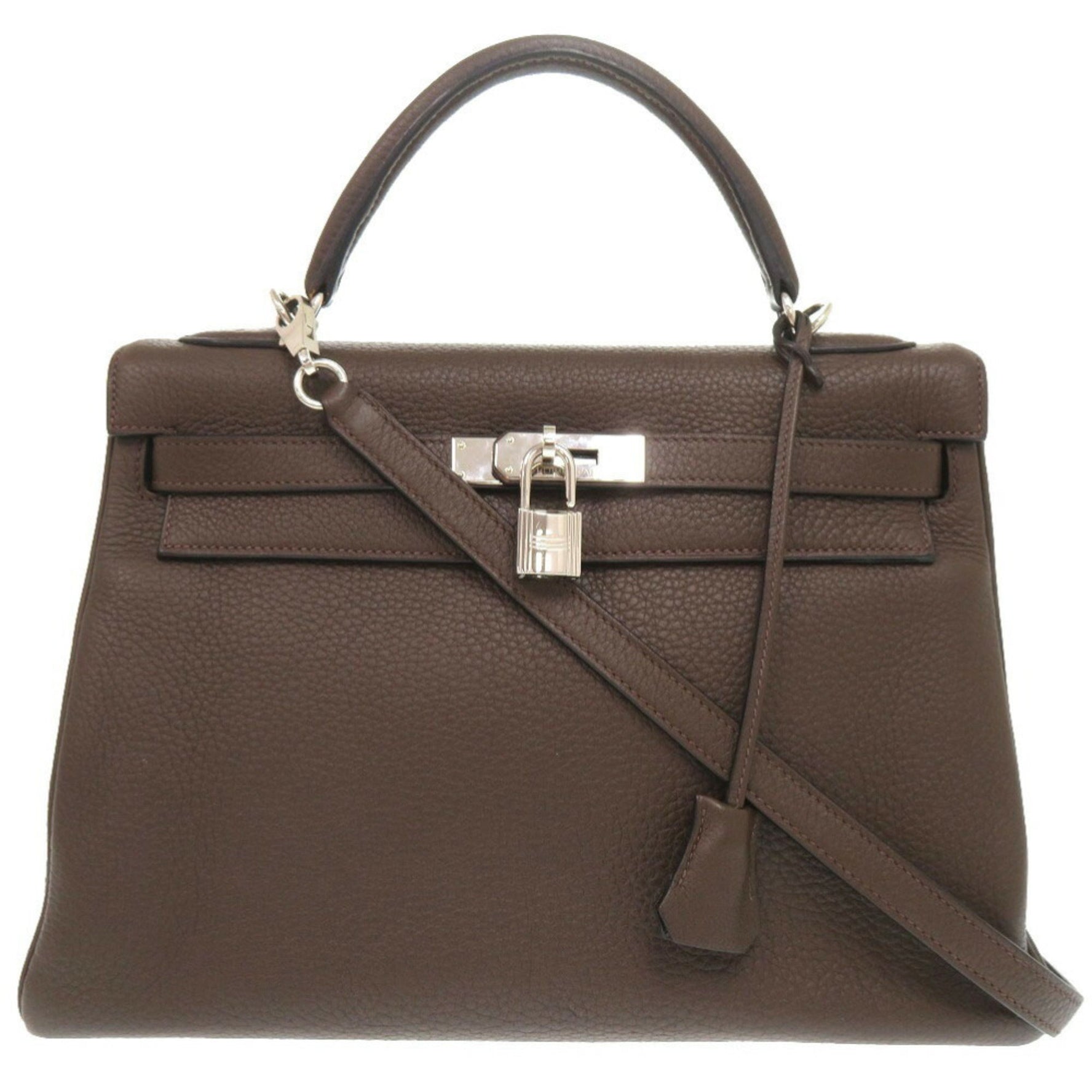 Hermes Hermès Kelly 32, inlaid with Taurillon Clemence leather and Ebene leather, brown, K markings, 0415.
