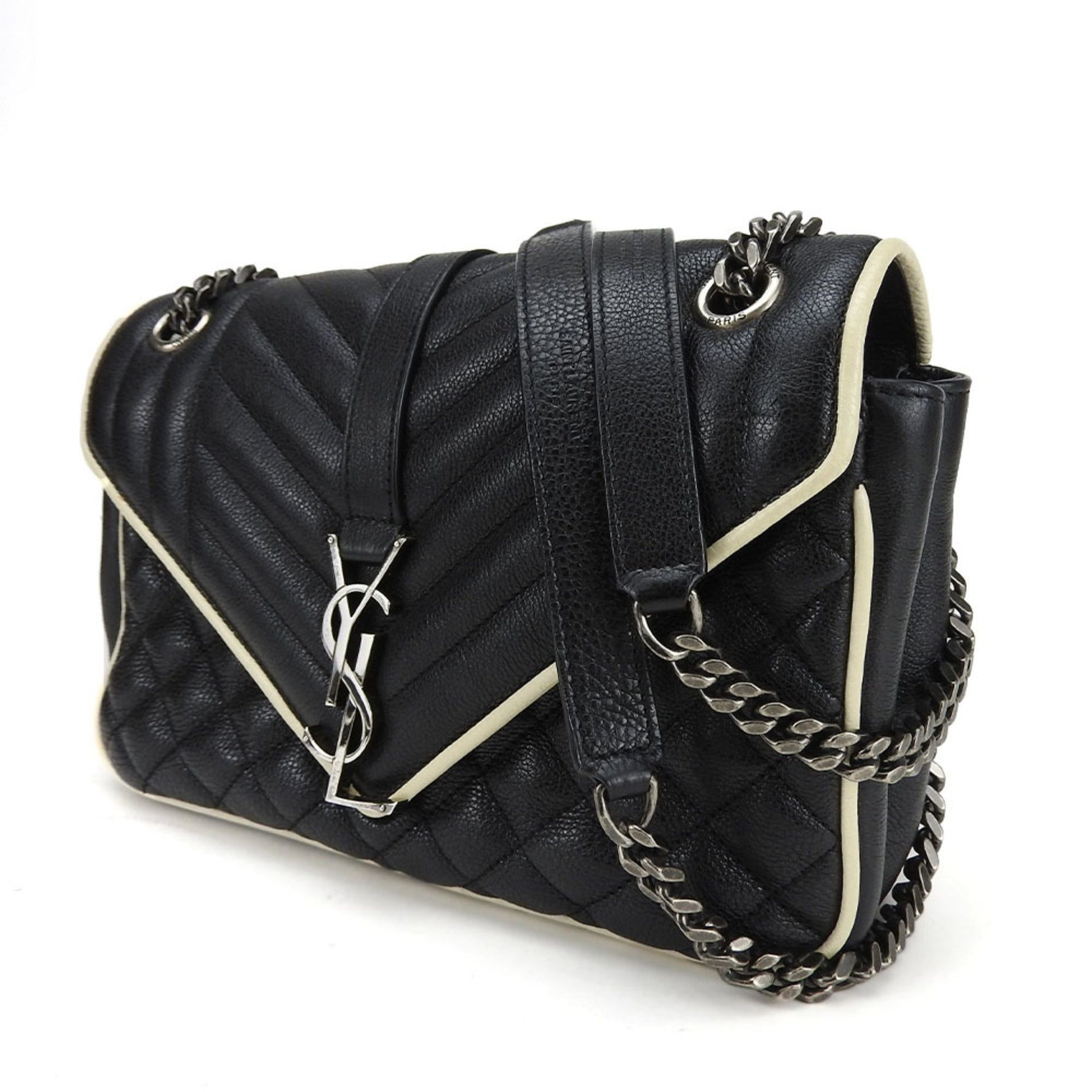 Saint Laurent Shoulder Bag Satchel Envelope Leather Black Ivory YSL