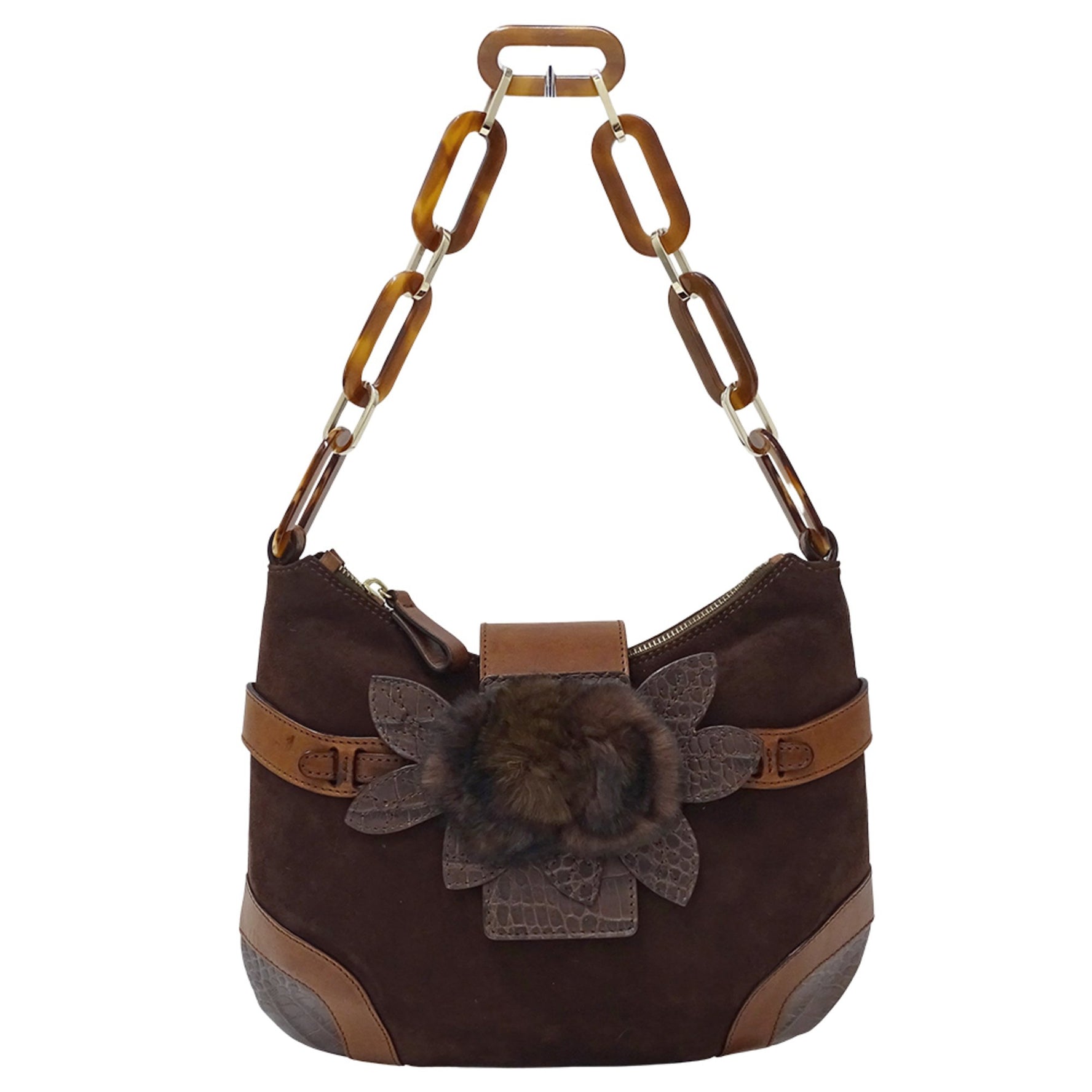 Valentino Garavani Suede and Fur Shoulder Bag with Plastic Chain, Mini