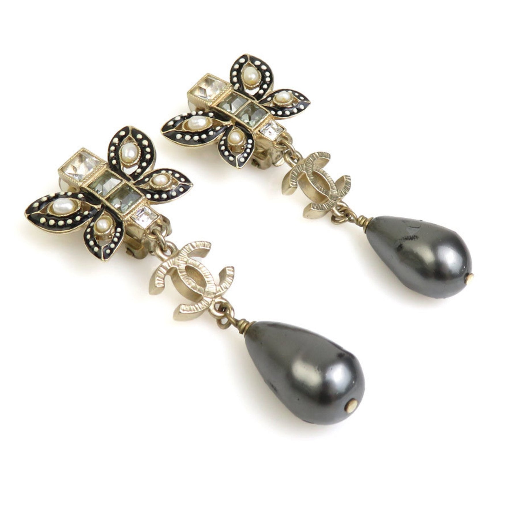 CHANEL Earrings Coco Mark Metal Faux Pearl Gold Dark Grey