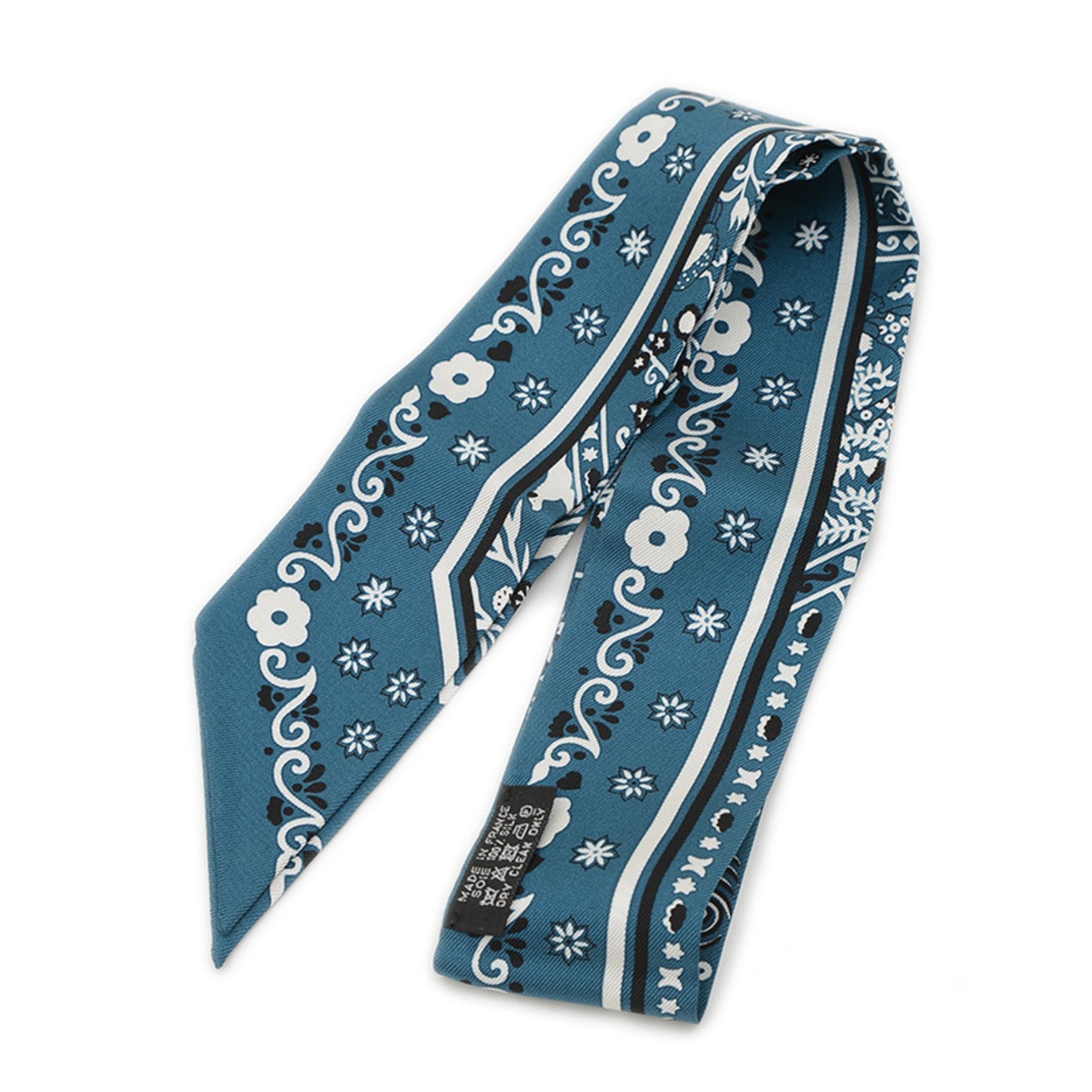 Hermes Hermès Twilly Scarf/Muffler, "Wind People" Curacao Noir Blanc, 100% Silk