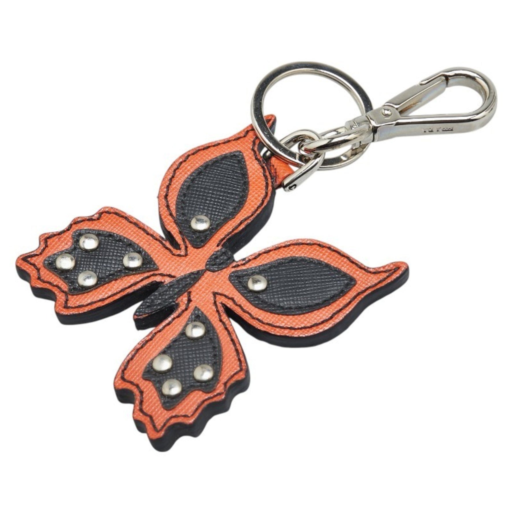 Prada Butterfly Motif Keychain Key Ring in Orange, Black, Silver, Leather and Metal