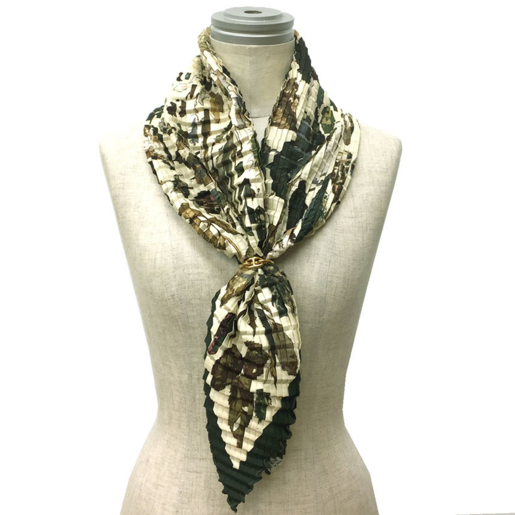 HERMES Pleated Scarf/Muffler, 100% Silk, Tourbillon/Gale/Spiral, Fallen Leaves, Plissee Carre, Carre 90, Beige/Khaki