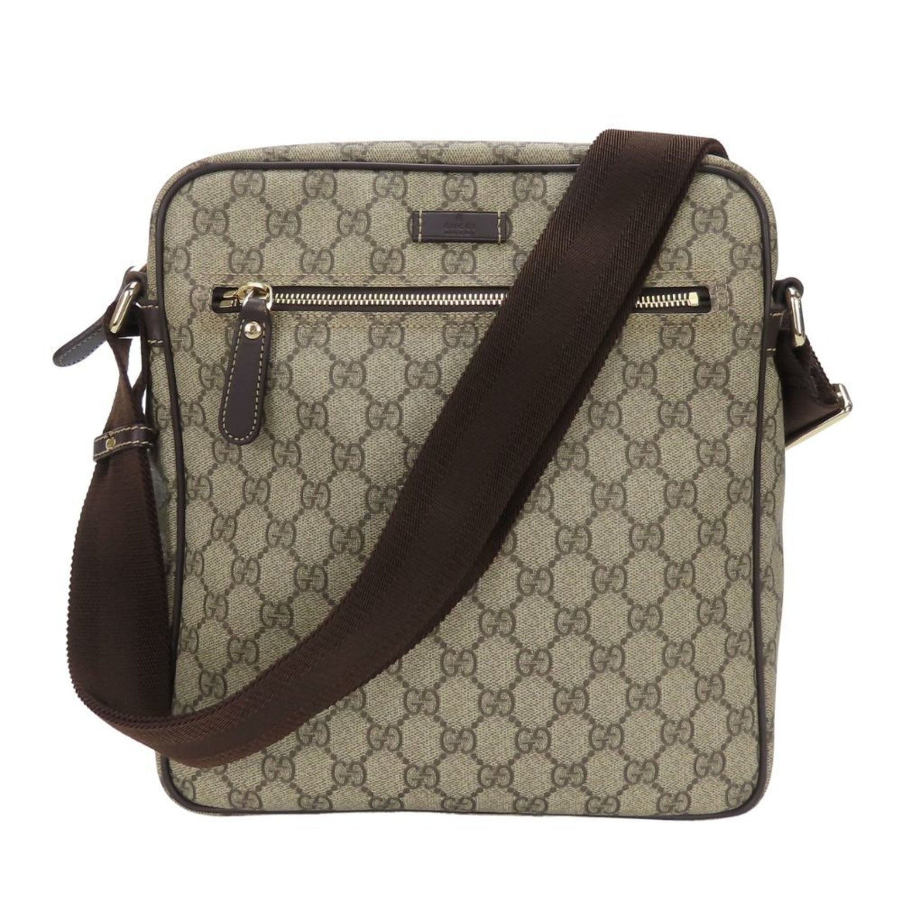Gucci Shoulder Bag GG Supreme Canvas Leather Beige Dark Brown Men's
