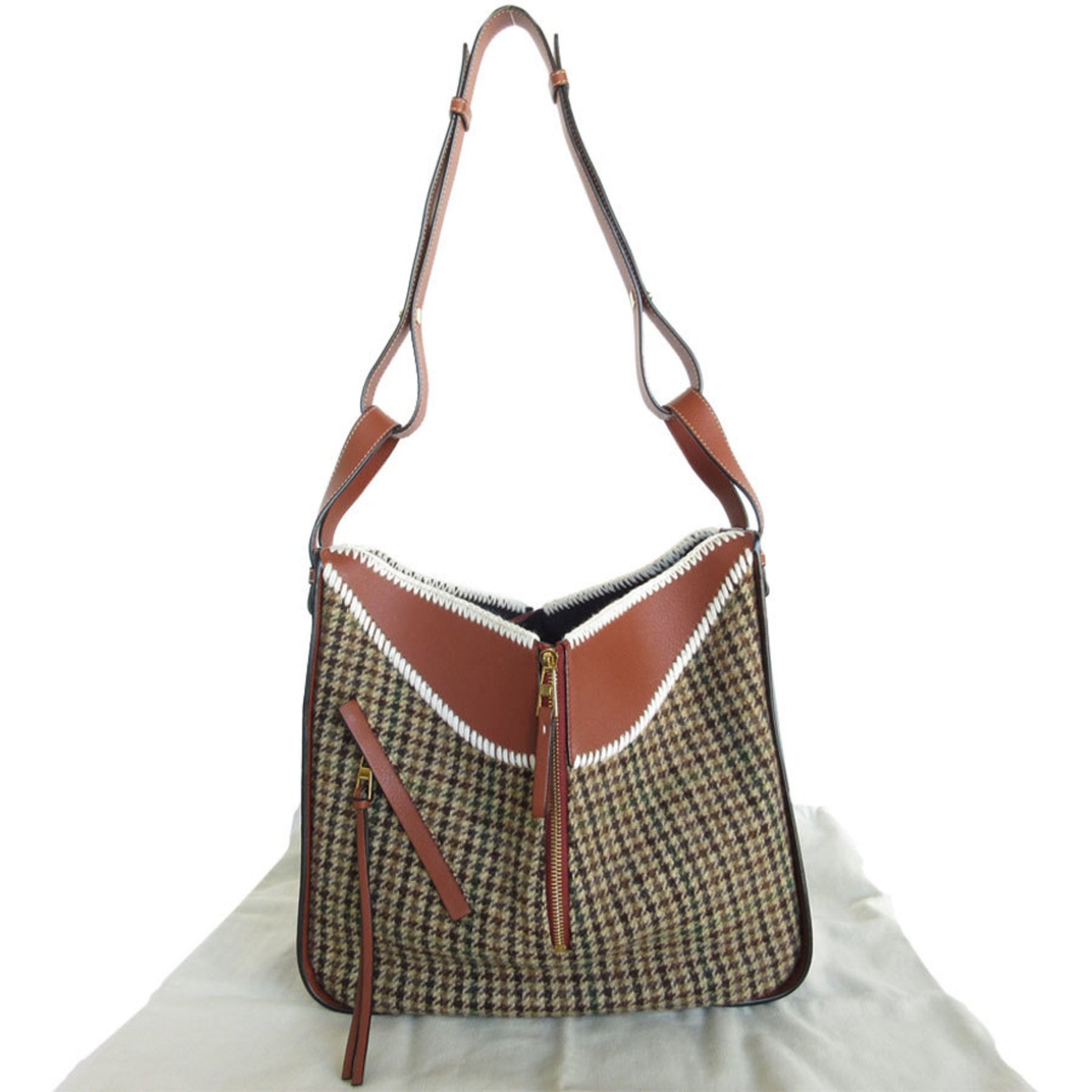 LOEWE handbag shoulder bag hammock leather wool dark green brown gold ladies