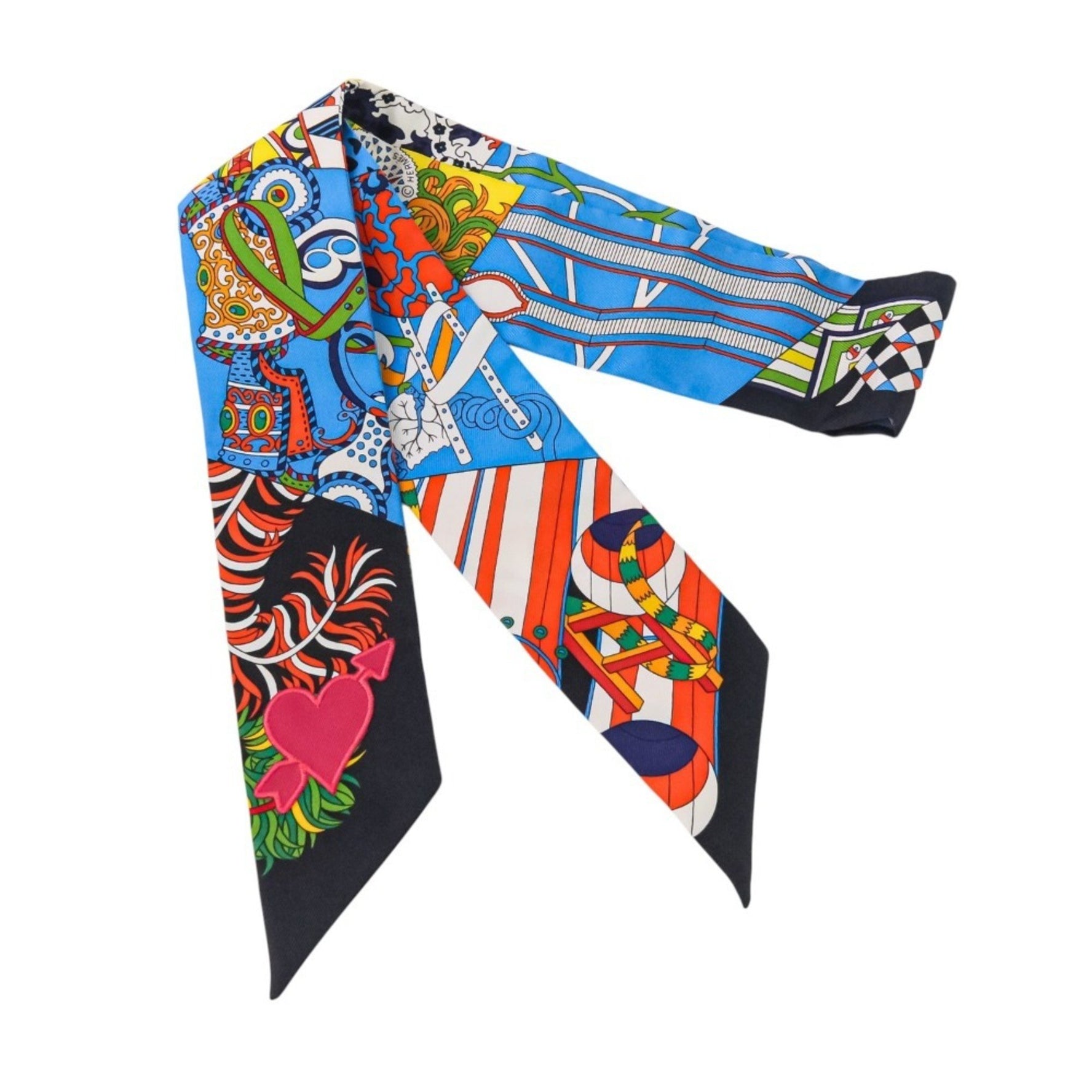 HERMES "De l'Ombrelle aux Duels Vieux" Silk Twilly Scarf/Muffler in Blue Jaune