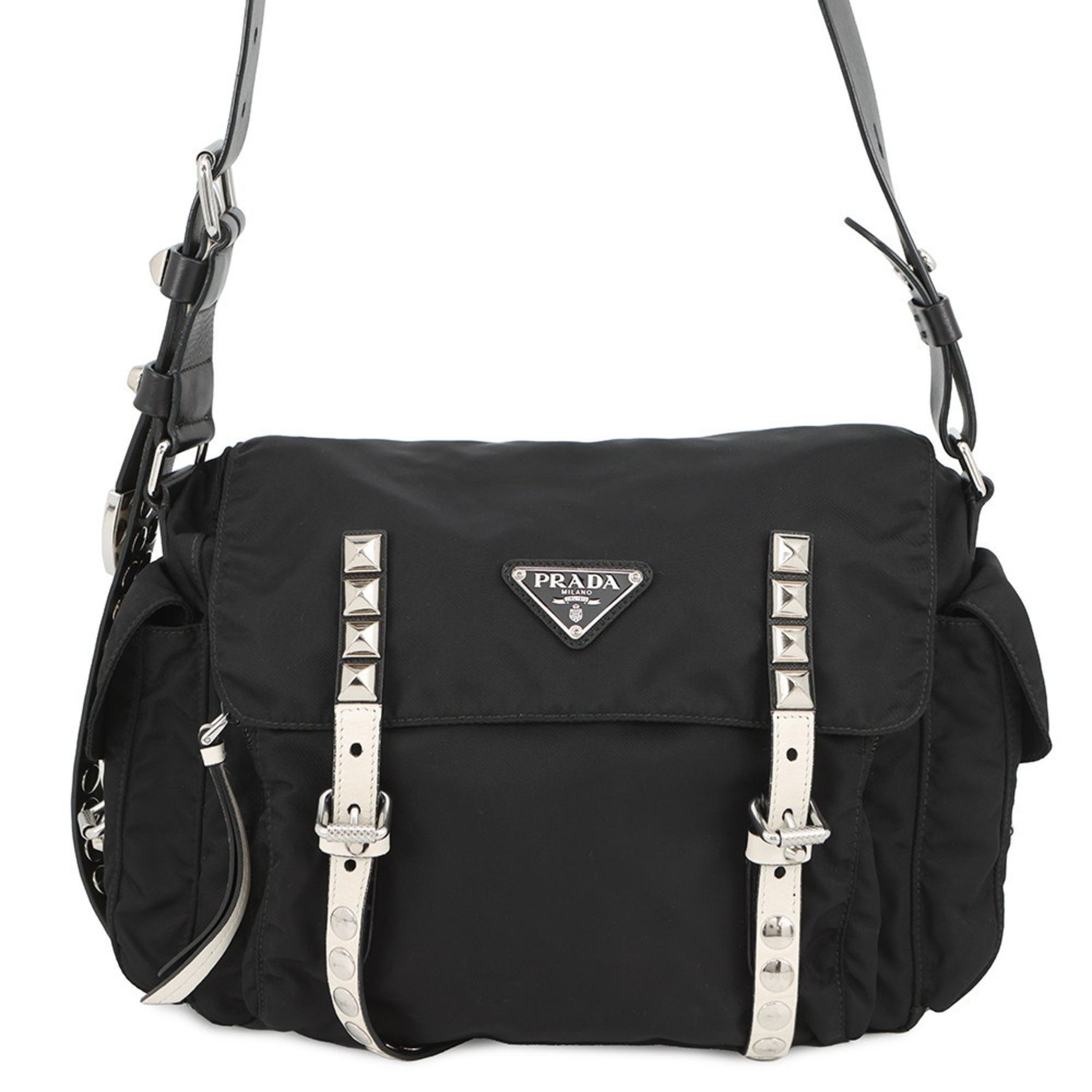Prada Studded Nylon and Leather Shoulder Bag Black