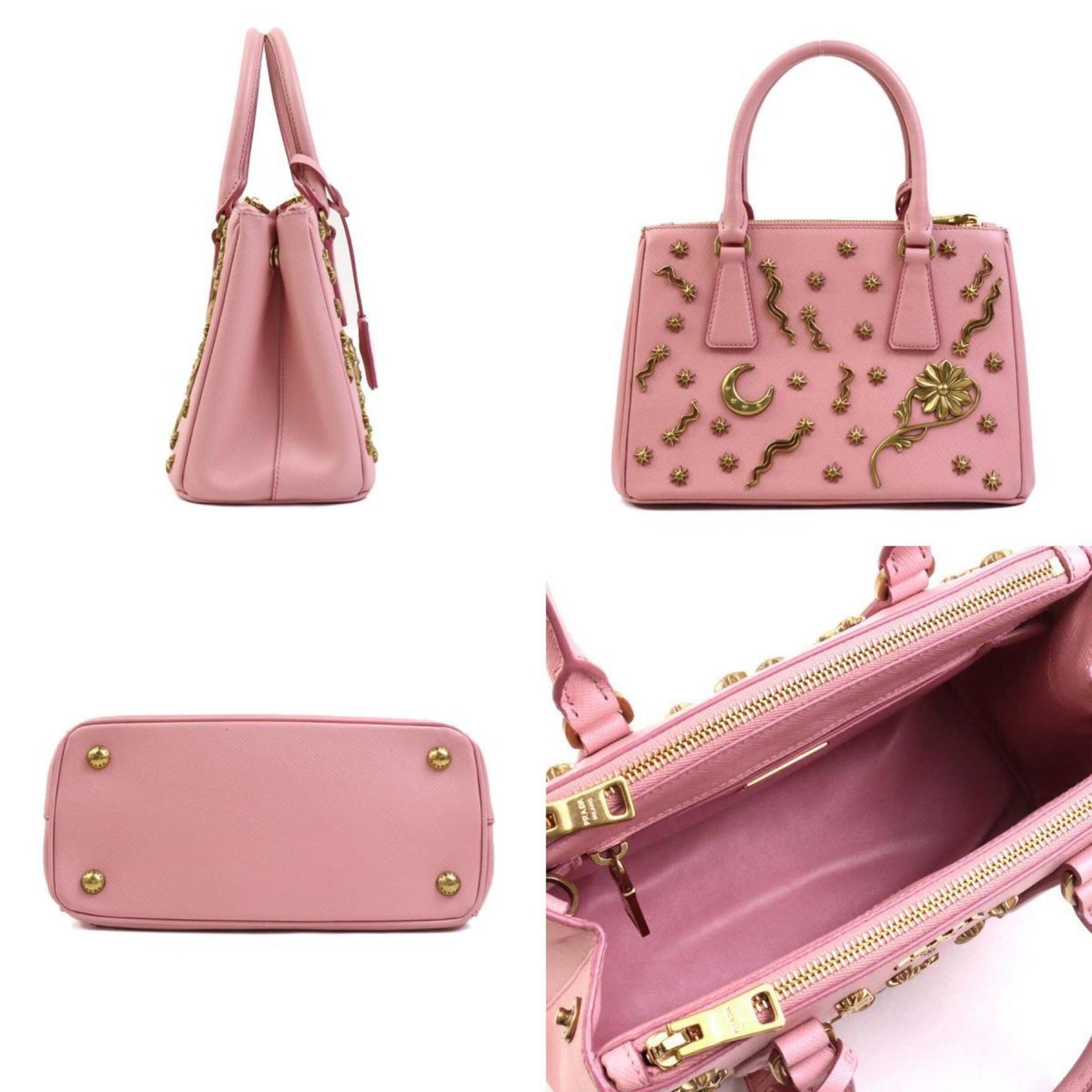 PRADA handbag shoulder bag leather metal pink gold ladies