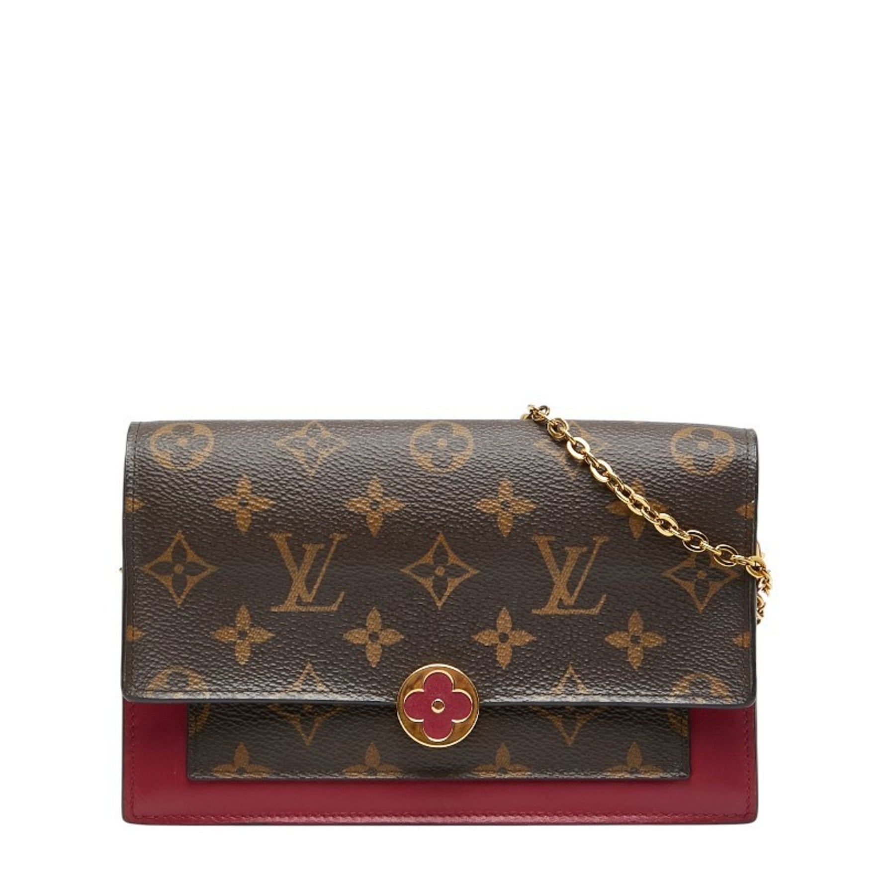 Louis Vuitton Monogram Portefeuille Flore Chain Wallet Shoulder Bag Fuchsia Brown Leather LOUIS VUITTON