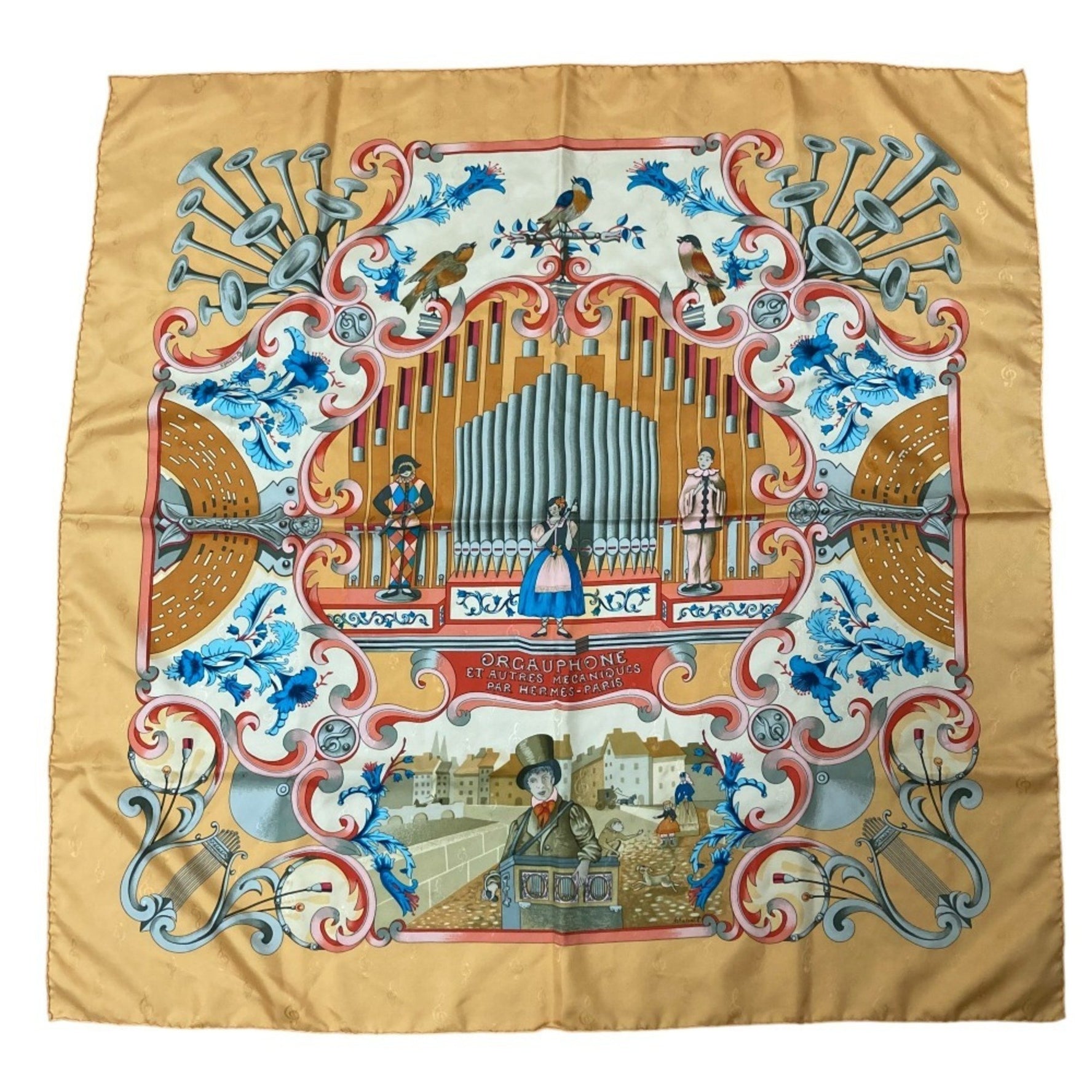 HERMES Carré 90 ORGAUPHONE ET MECHANIQUES (Pipe Organ and Mechanical Instruments) Silk Scarf/Muffler, Yellow