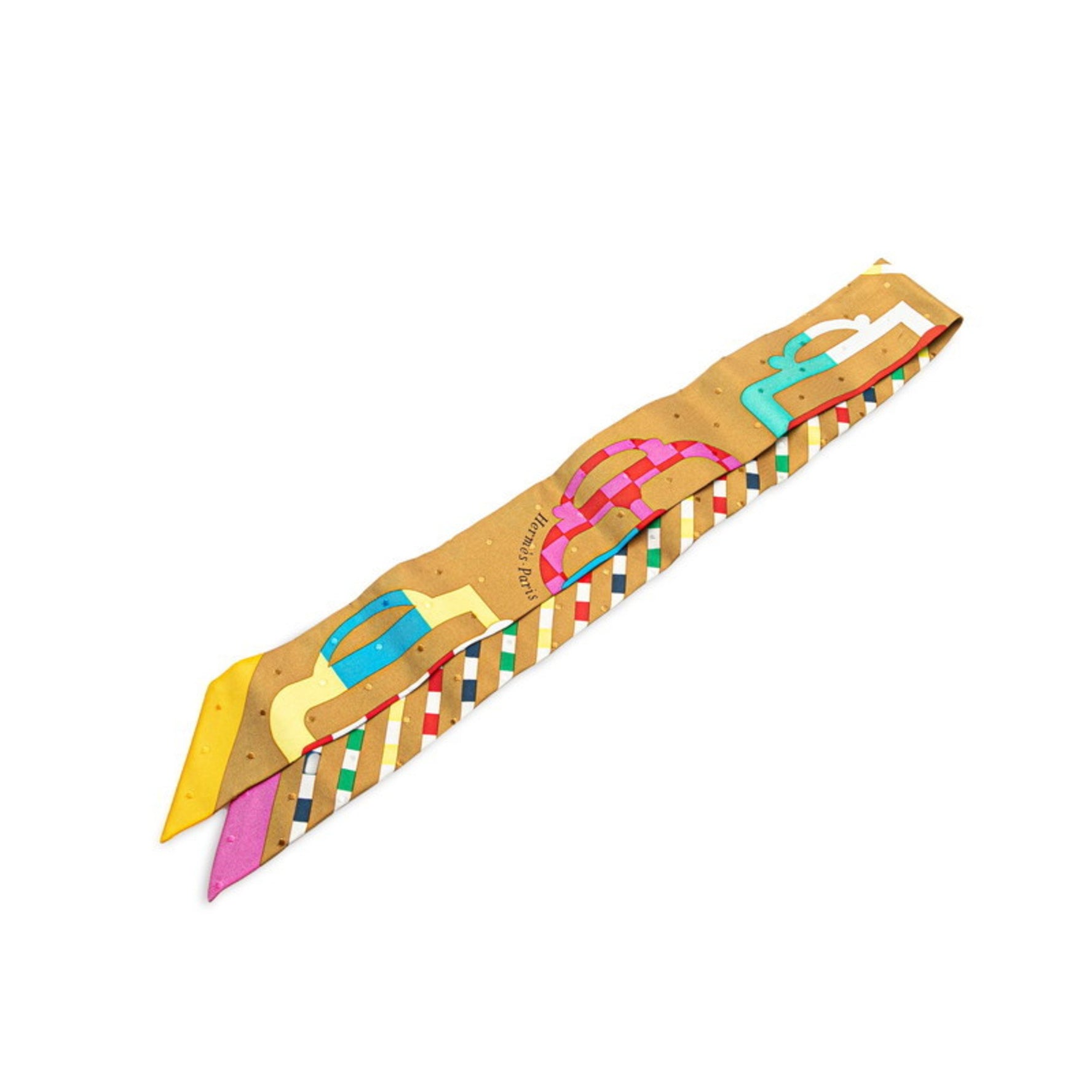 Hermes Hermès Twilly Bouclerie Moderne Modern Buckle Scarf, Gold and Multicolor Silk