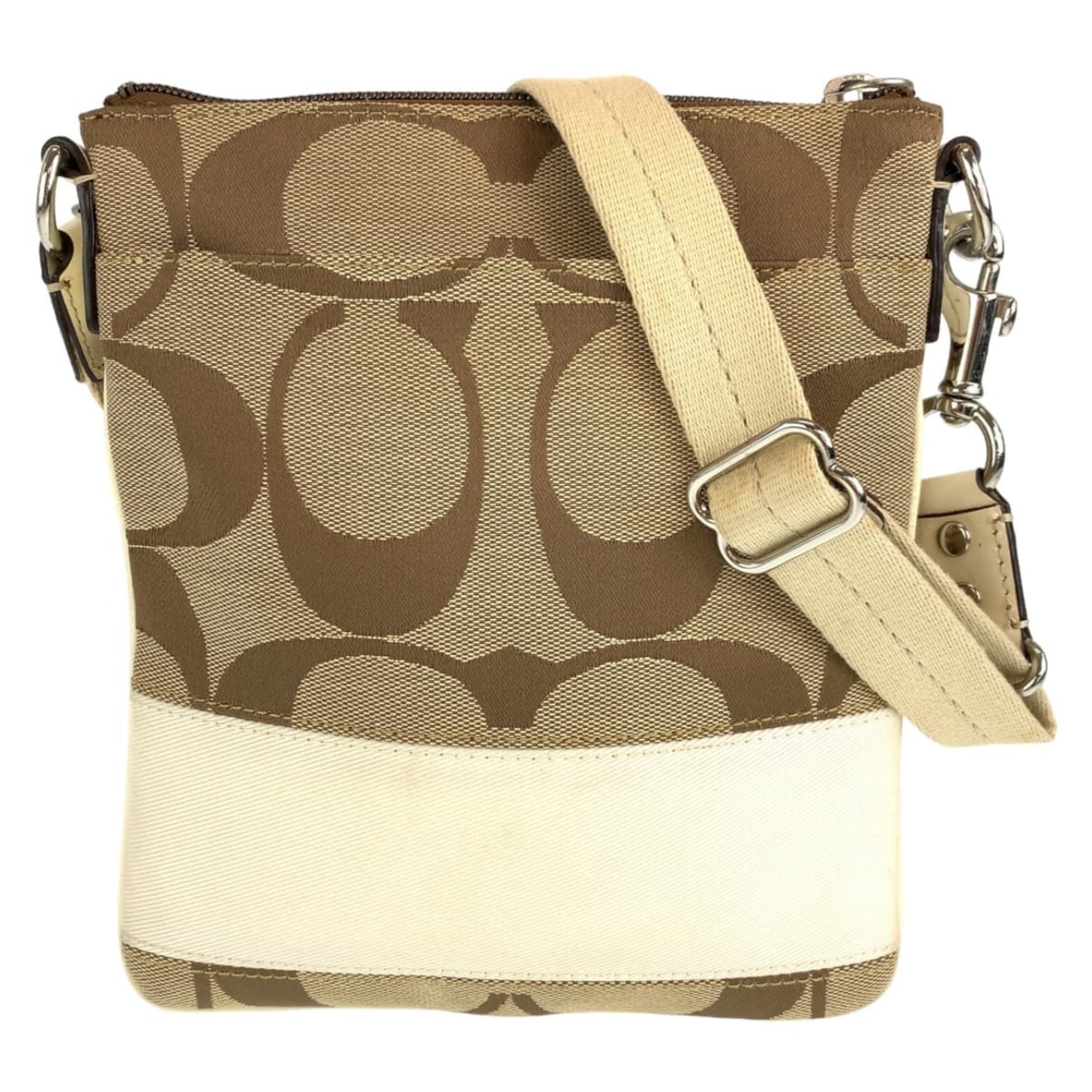 COACH Signature Beige Brown Silver Hardware Canvas Shoulder Bag Pochette Crossbody