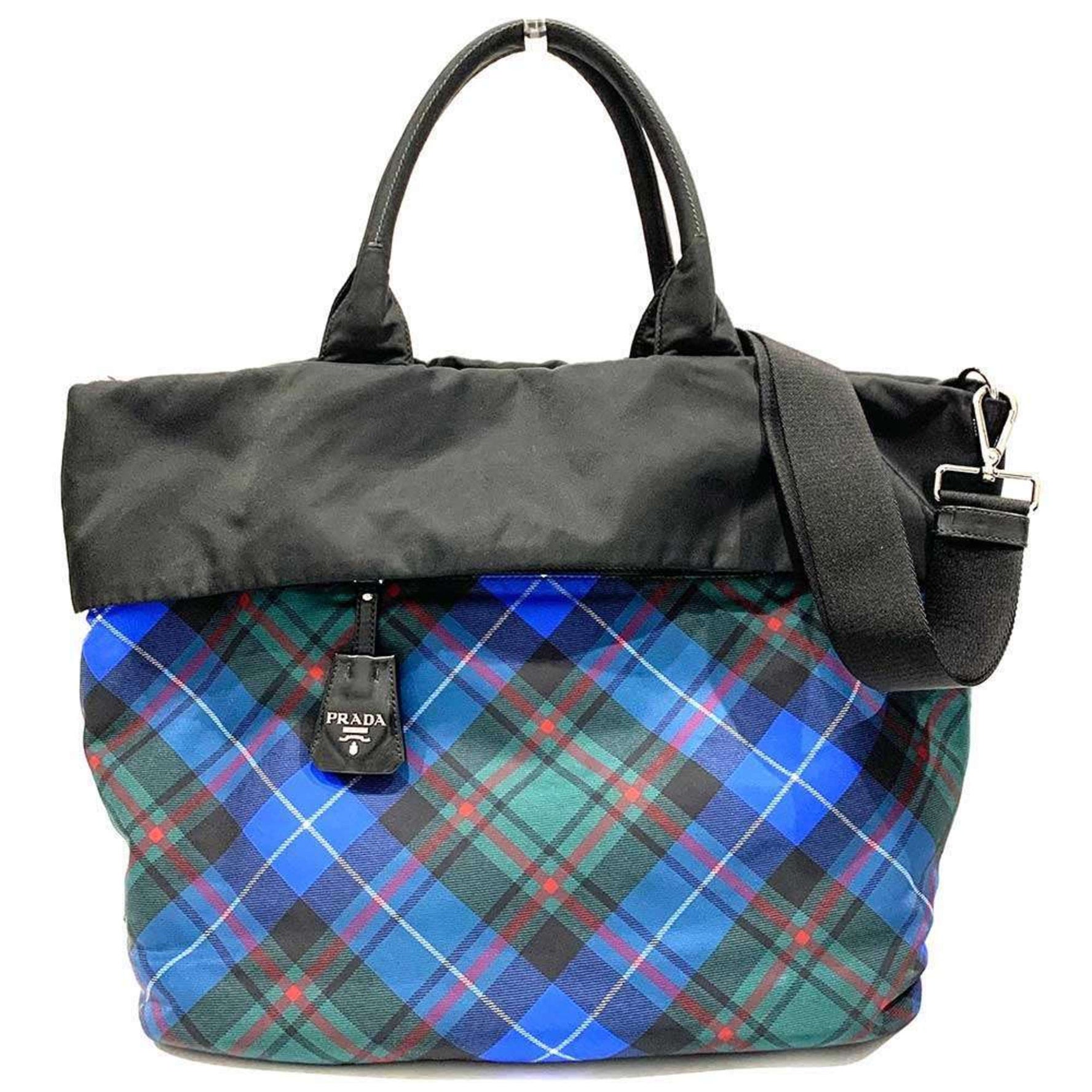 Prada Handbag Black Blue Nylon Leather Reversible Check Pattern Shoulder Bag