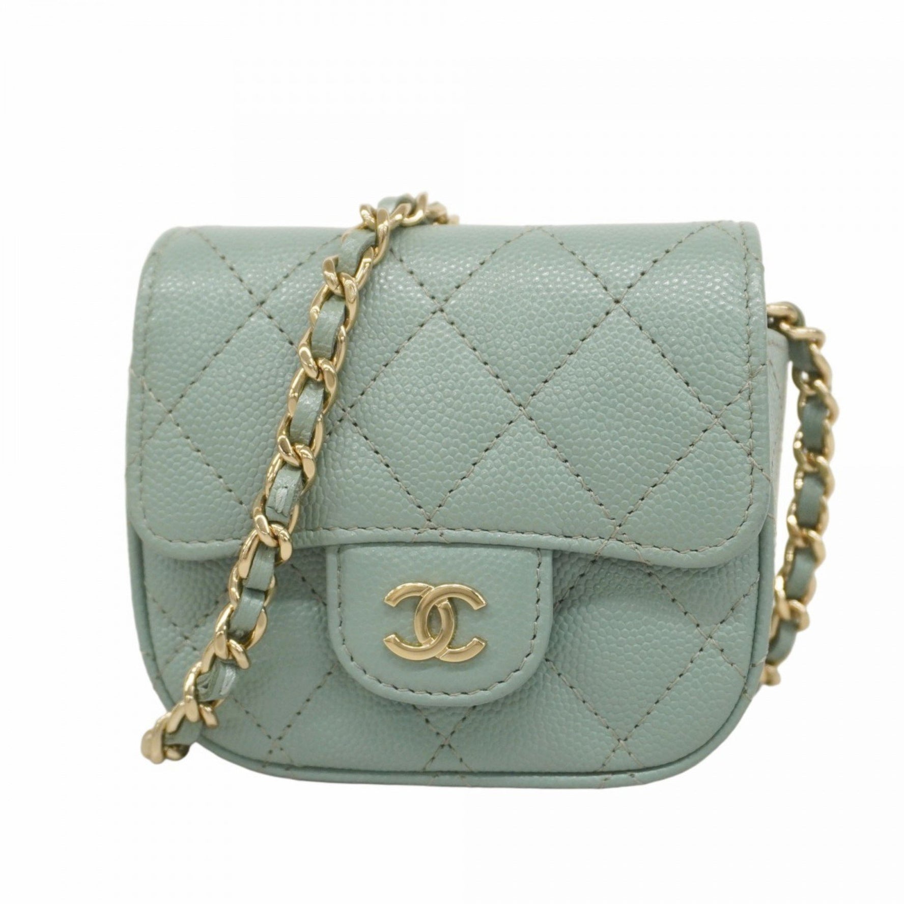 Chanel Matelasse Shoulder Bag with Chain, Caviar Leather, Blue-Green, Champagne