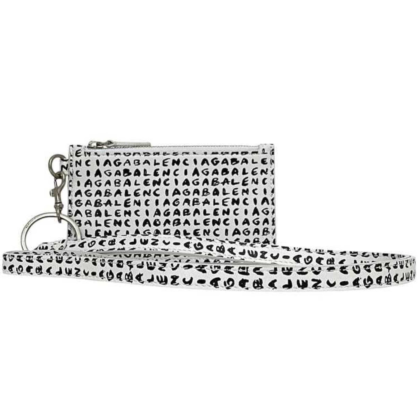 Balenciaga Card Case White/Black Leather 9188 S Coin White Pass Neck Strap Wallet Holder