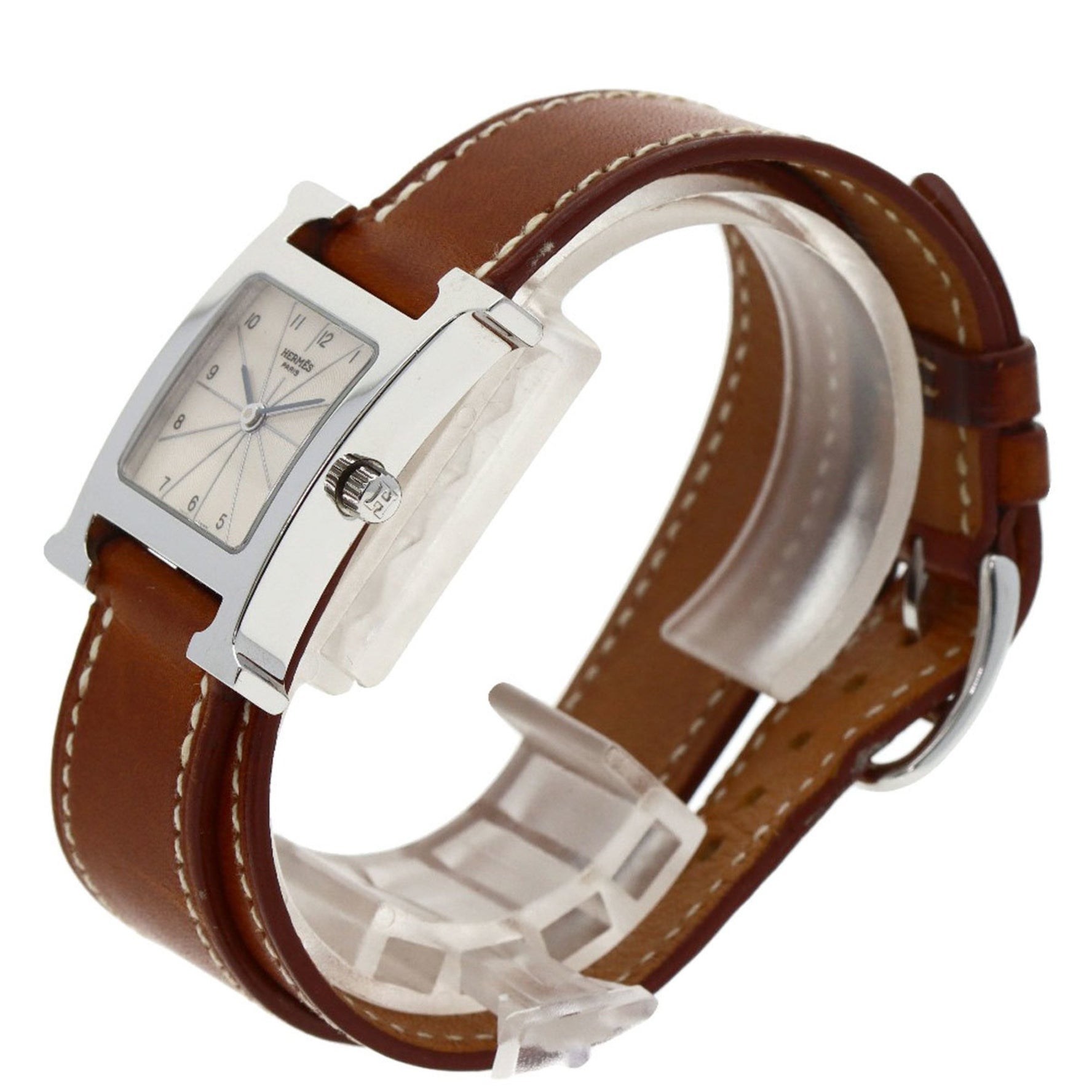 Hermes H Watch Double Tour Wristwatch Stainless Steel Leather