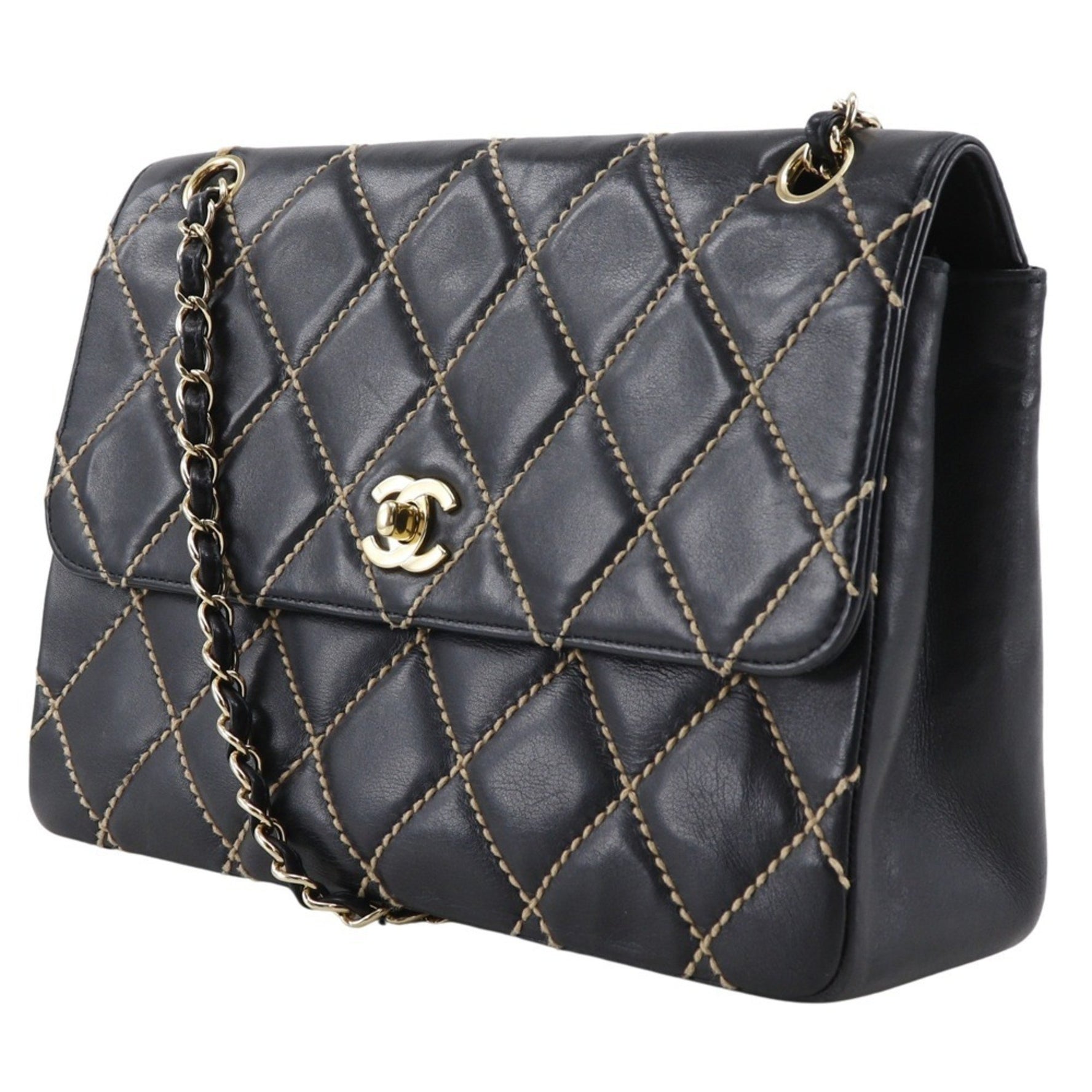 CHANEL Wild Stitch Shoulder Bag, Double Chain Leather, Turn Lock