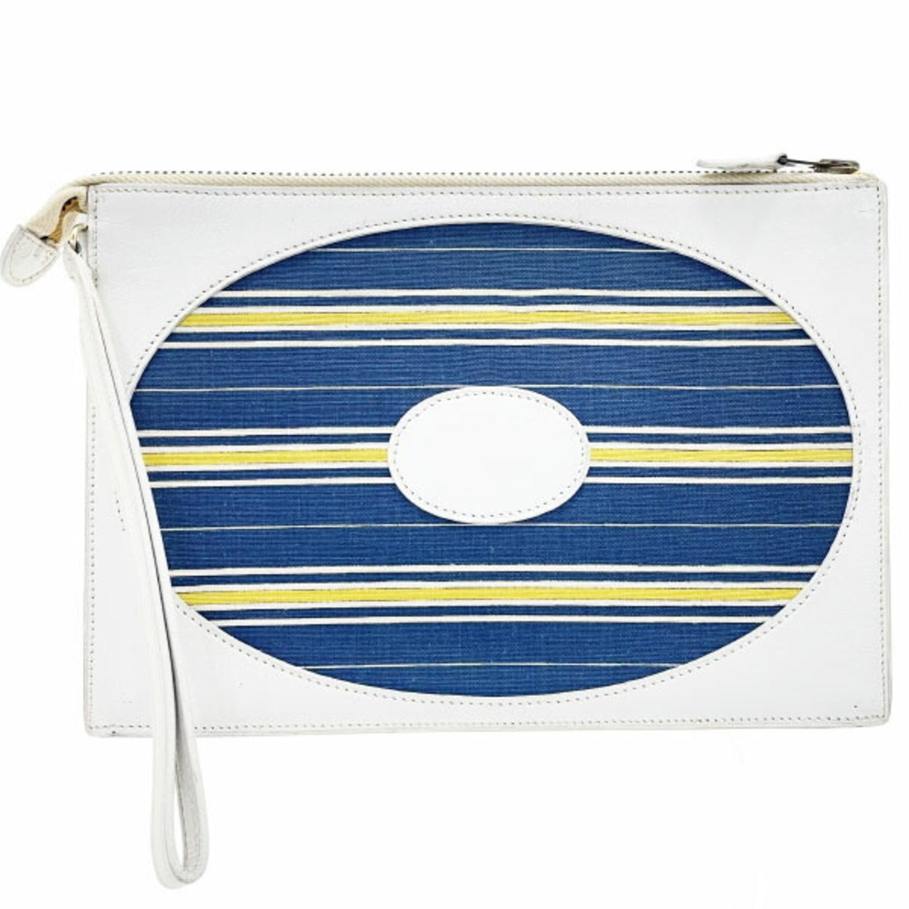 Hermes Pouch Clutch Bag Leather Fabric Off-white White Blue ○E Stamp Border Second Handbag Wristlet Strap Included Multi