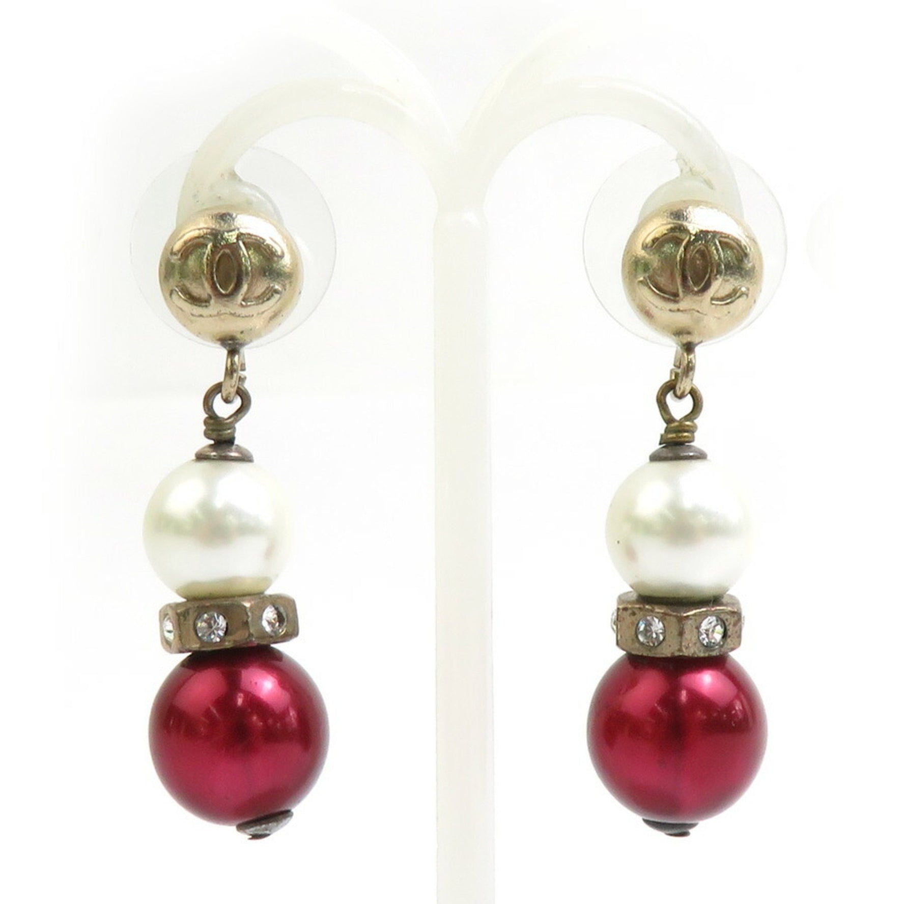 CHANEL Earrings Coco Mark Metal Faux Pearl Gold Off-White Burgundy