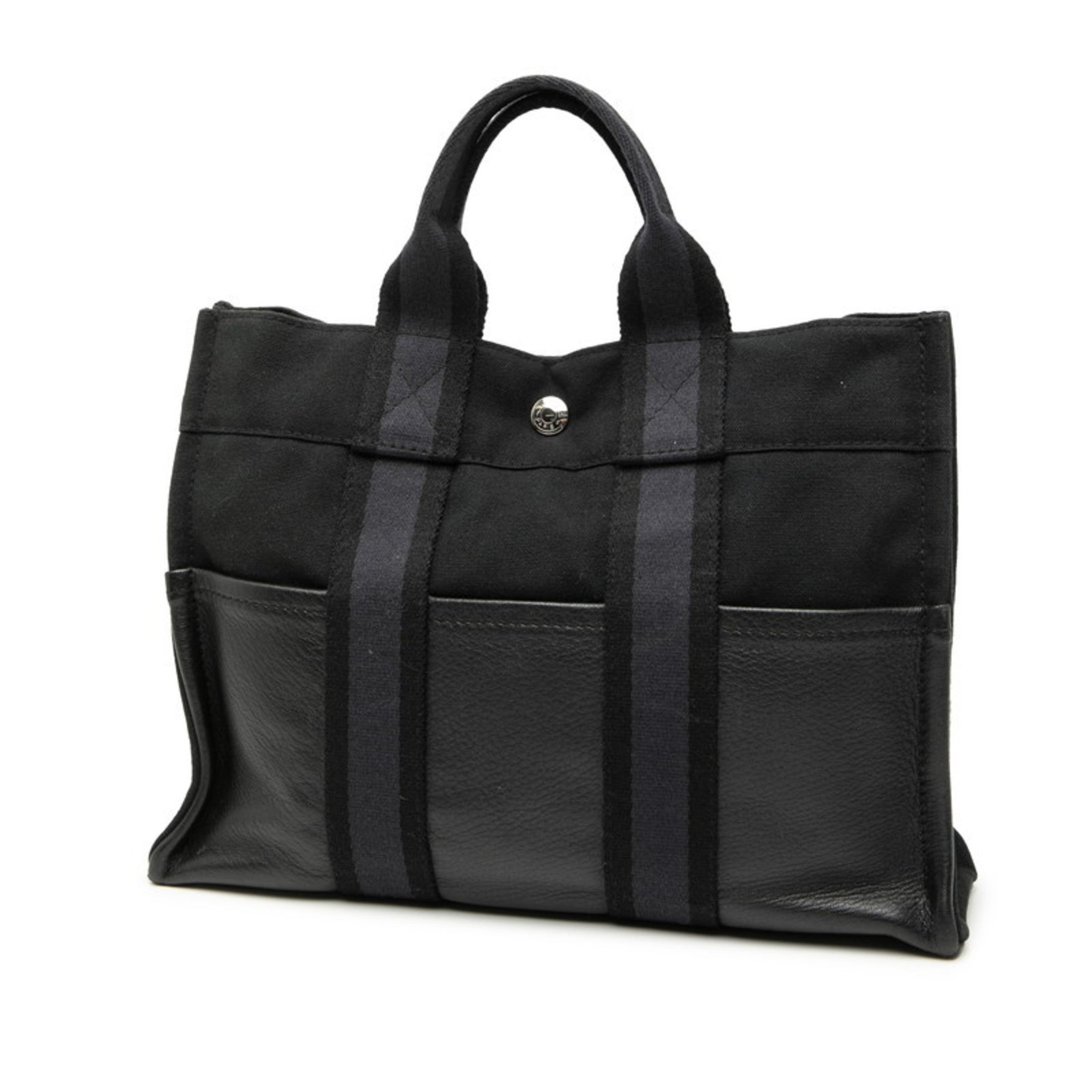 Hermes Hermès Four Tou PM Half Leather Tote Bag in Black and Navy Canvas