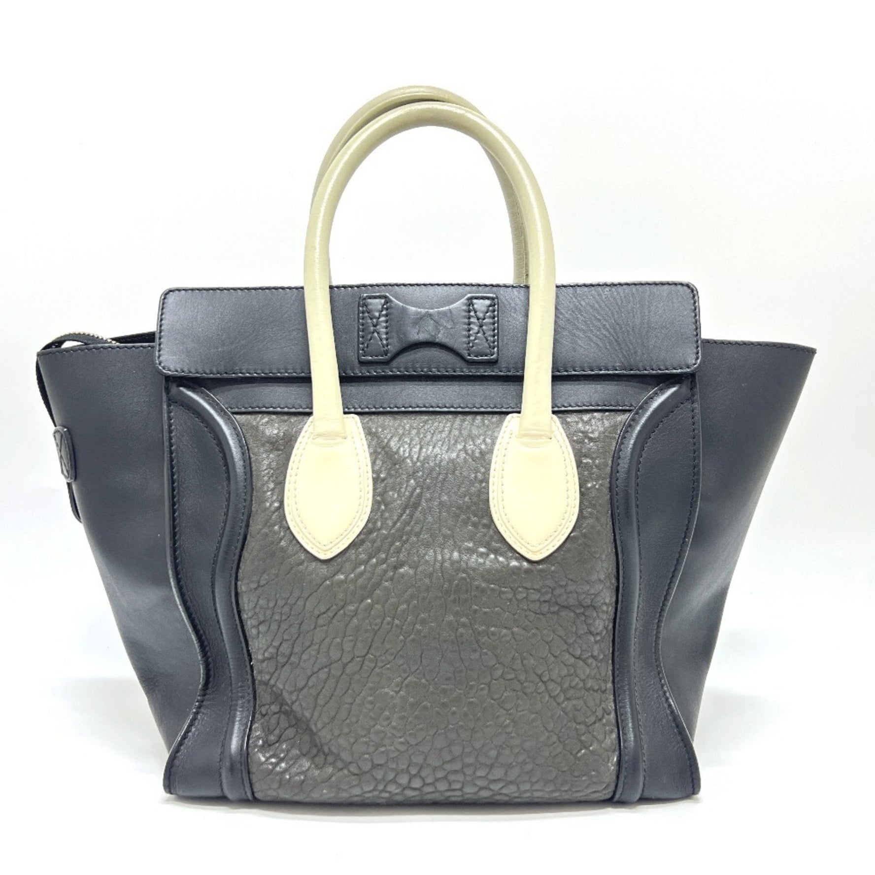 CELINE Luggage Medium Bag Handbag Tote Leather Black x Gray White
